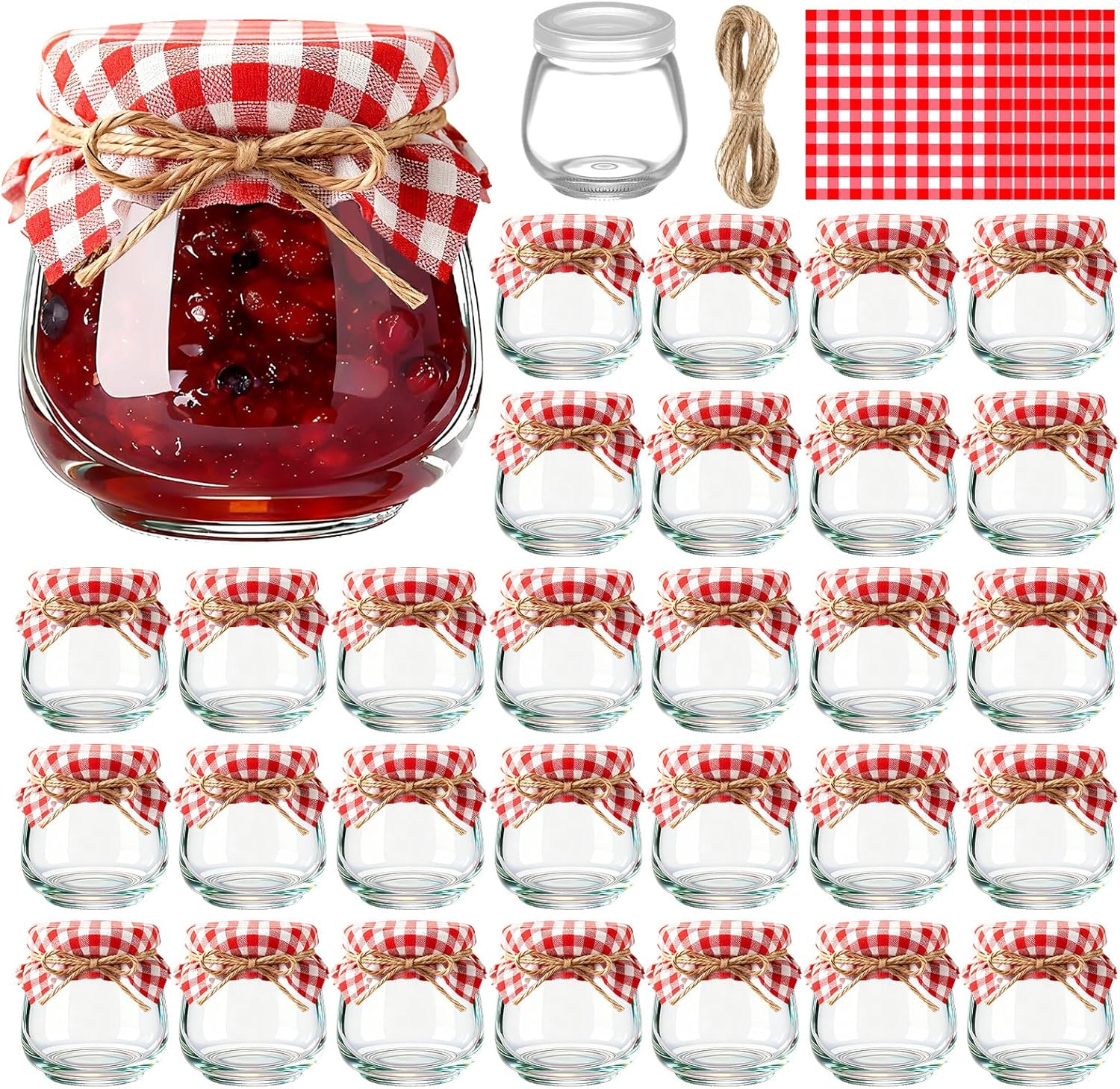 LemonRoad 30 Mini Yogurt Jars 3.4 oz Glass Bottles with Plastic Lids for Jam, Honey, Wedding Favors, Birthday Party Decor Mason Jar with Checkered Cloth and Rope (Circle,Red,White)