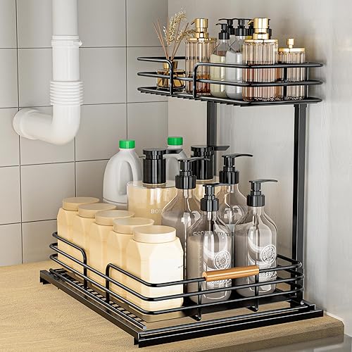 LAMU Under Sink Organizers and Storage, 2 Tier Bathroom Kitchen Cabinet Organizers, Pull Out Under Sink Storage Kitchen Shelf Organizer for Under Counter Storage
