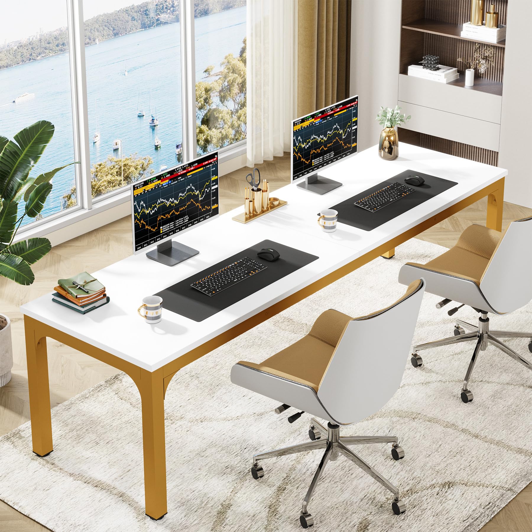 Tribesigns Modern 78.7 Inches Extra Long Computer Desk 2 Person Desk, Double Long Desk, Workstaion for Home Office, White+Gold