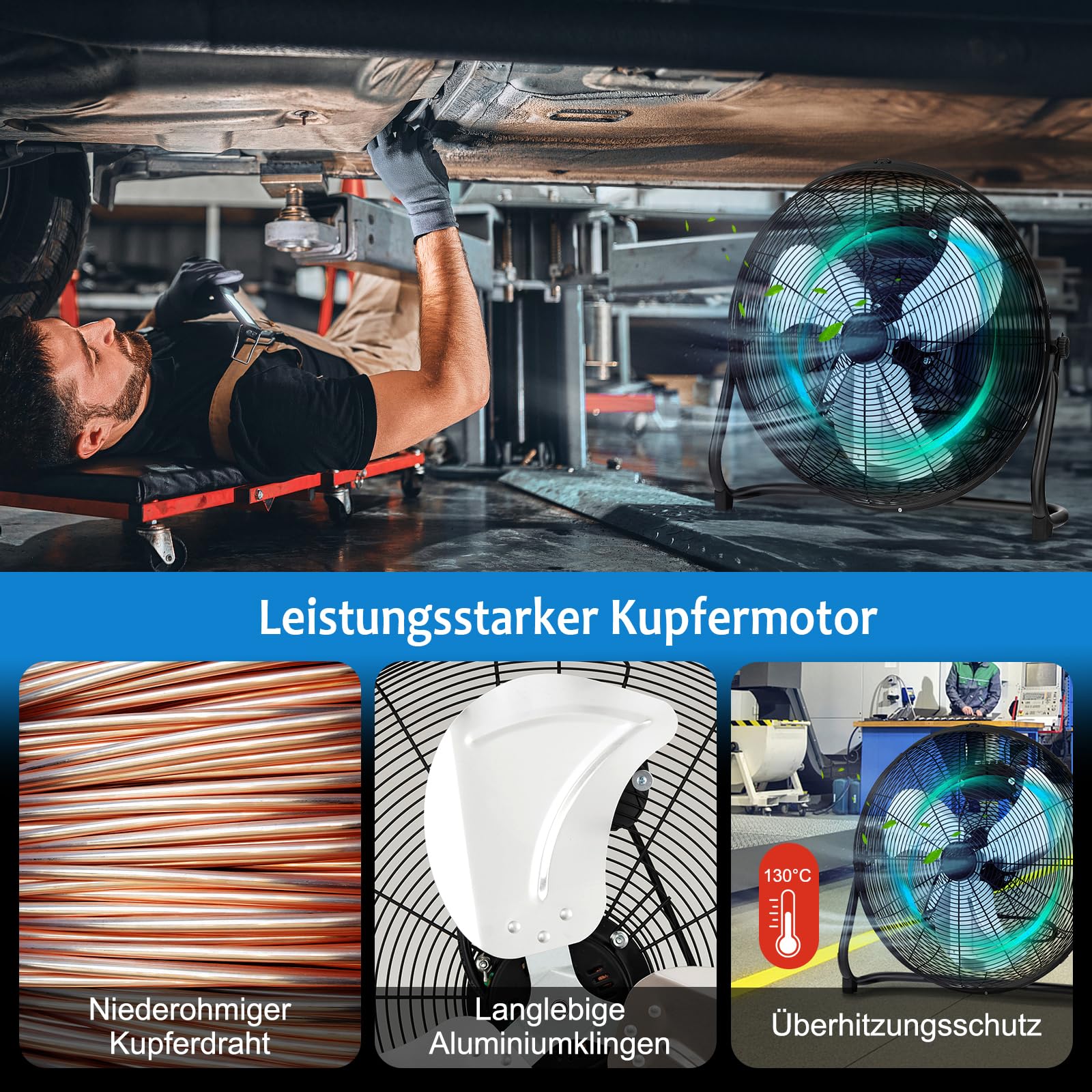 GOPLUS Bodenventilator, Ø 50 cm Standventilator mit 3 Geschwindigkeitsstufen & Handgriff, 145° verstellbarer Ventilatorkopf, hoher Luftdurchsatz, Windmaschine Ventilator für Lager, Werkstatt, Garage