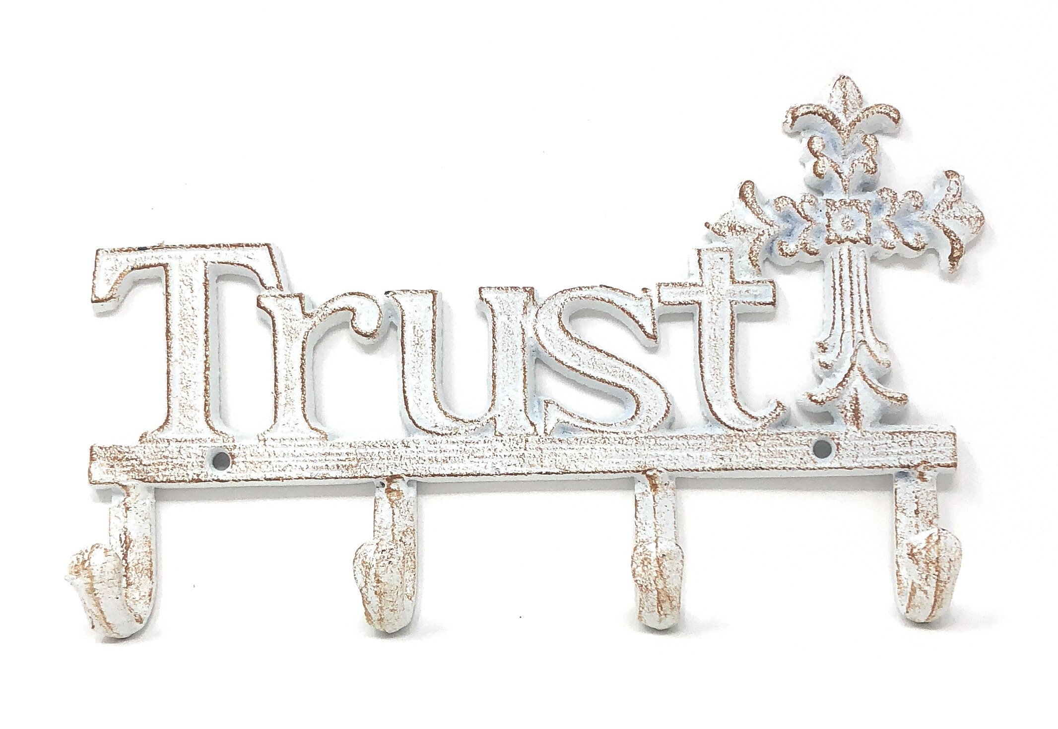 Key Holder. Wall Mount Key Hook. Rustic Western Cast Iron Hanger - with Screws and Anchors. Measures: 11" x 6" (Trust, Whitewashed Cast Iron)