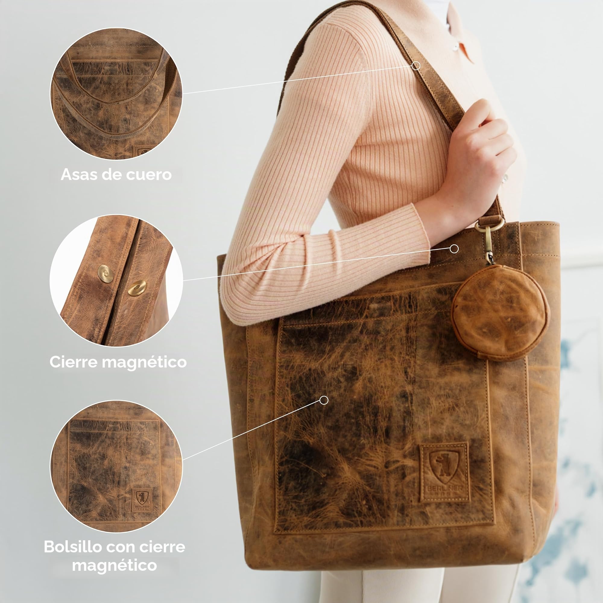 Berliner Bags Seville Bolso Shopper Tote Mujer Piel Auténtica Grande Asas