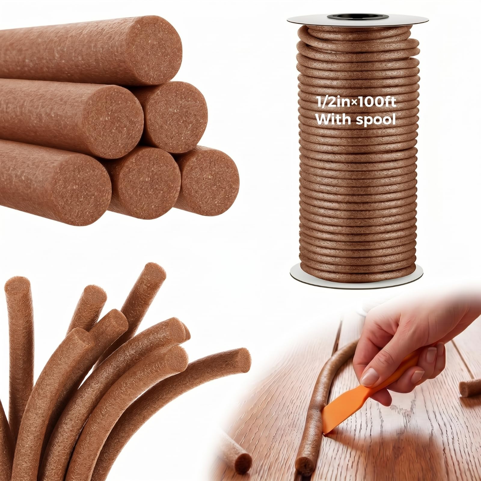MotiMind Tige d'appui en mousse de 1,27 cm x 30,5 m pour interstices, joints, mastic de mastic - Corde de remplissage en béton pour joint de porte (marron)