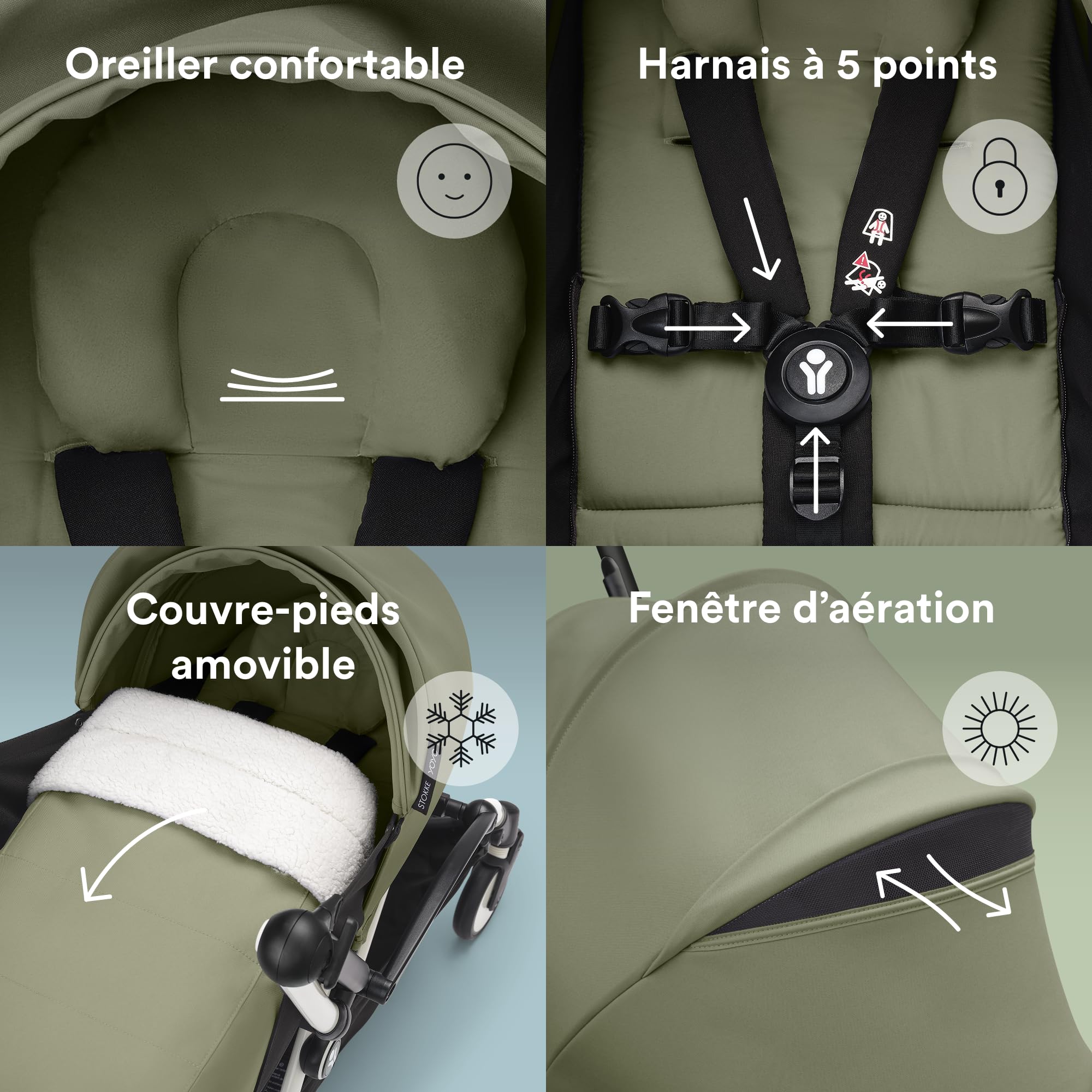 Pack nouveau-né Stokke YOYO 0+, Olive - Comprend un matelas, une capote extensible et un harnais à cinq points - Requiert le châssis YOYO (vendu séparément)