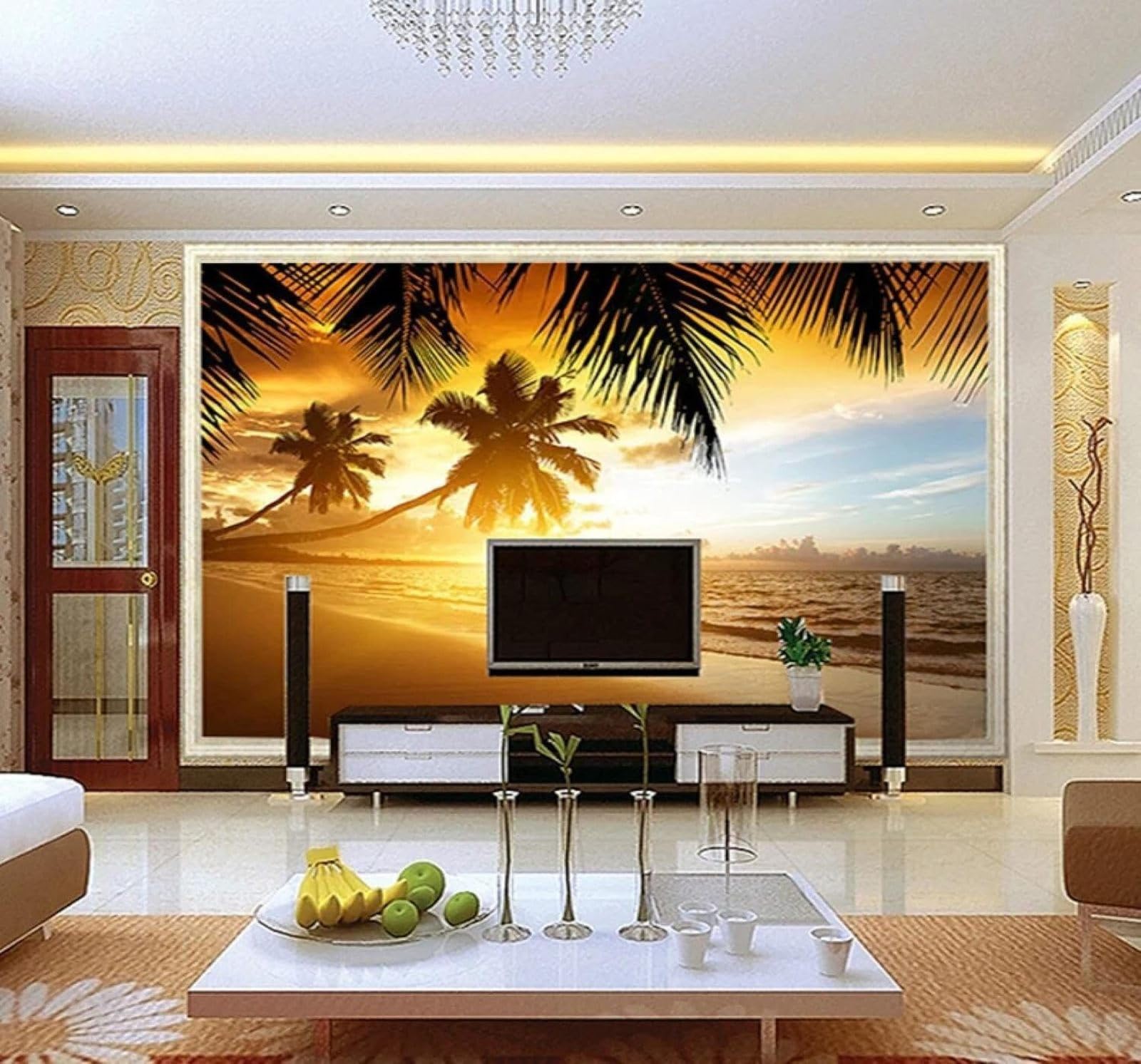 XLMING Beautiful Sunset Sea Beach Coconut Trees 3D Wallpaper Luxury Silk Study Dining Feature Sofa Grey Bedroom Living Room Tv Decorative Wall-200cm×140cm