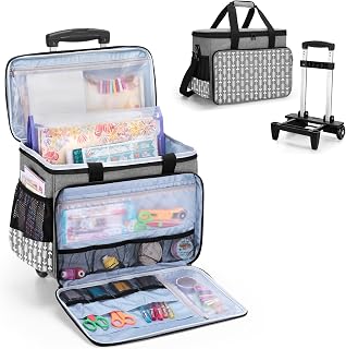 Yarwo Rolling Scrapbook Tote Bag on Wheels, Detachable Trolley Craft Scrapbook Storage Case with Removable Bottom Wooden Board for Crafts Supplies and Tools, Teacher Rolling Cart for Women, Gray Arrow