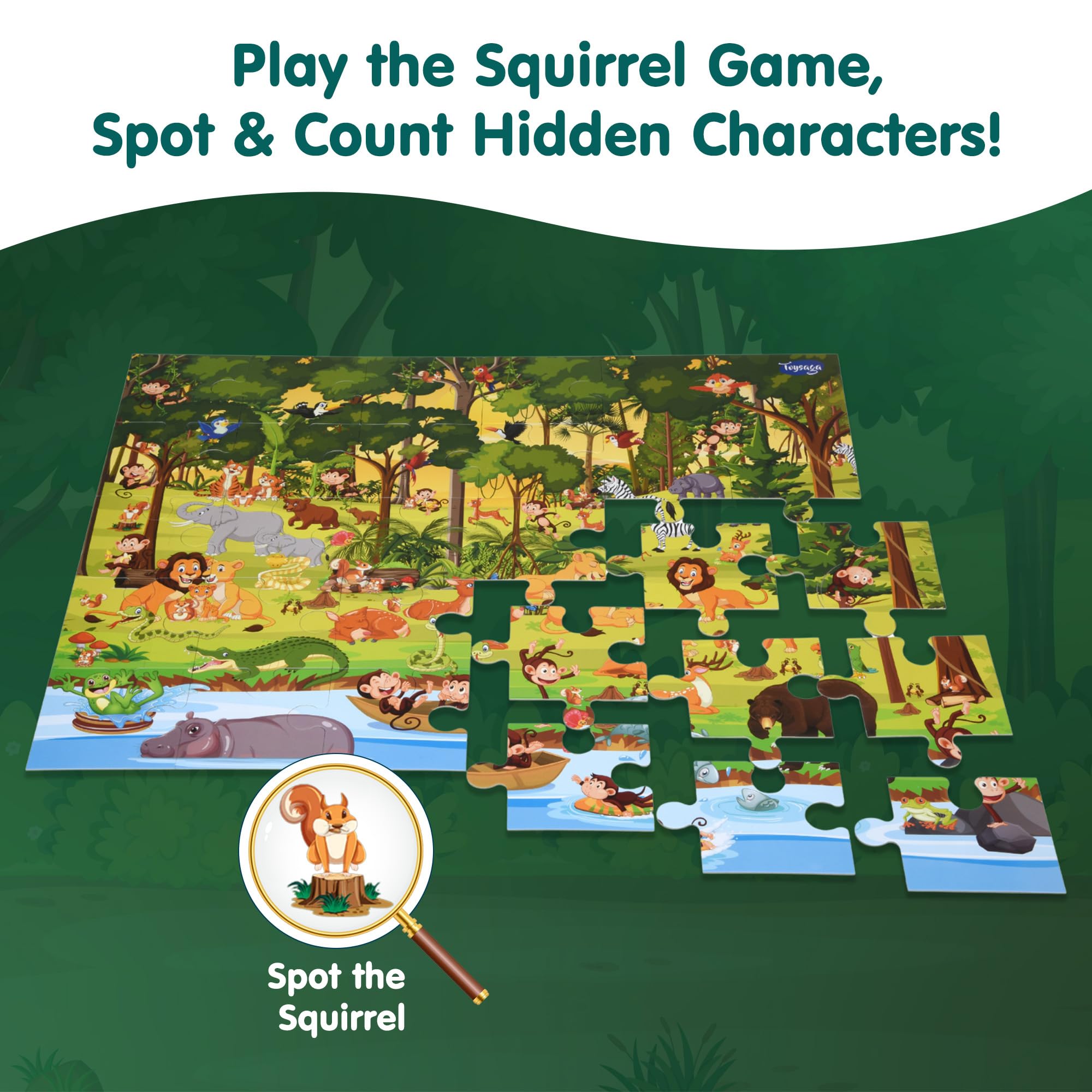 Toysaga Find The Character | Animals! Jungle Fun | 30 Pieces Floor Jigsaw Puzzle for Kids 3+ Years | Find The Squirrel & Coloring DIY Activity | Wild Animals Jigsaw Puzzle 2