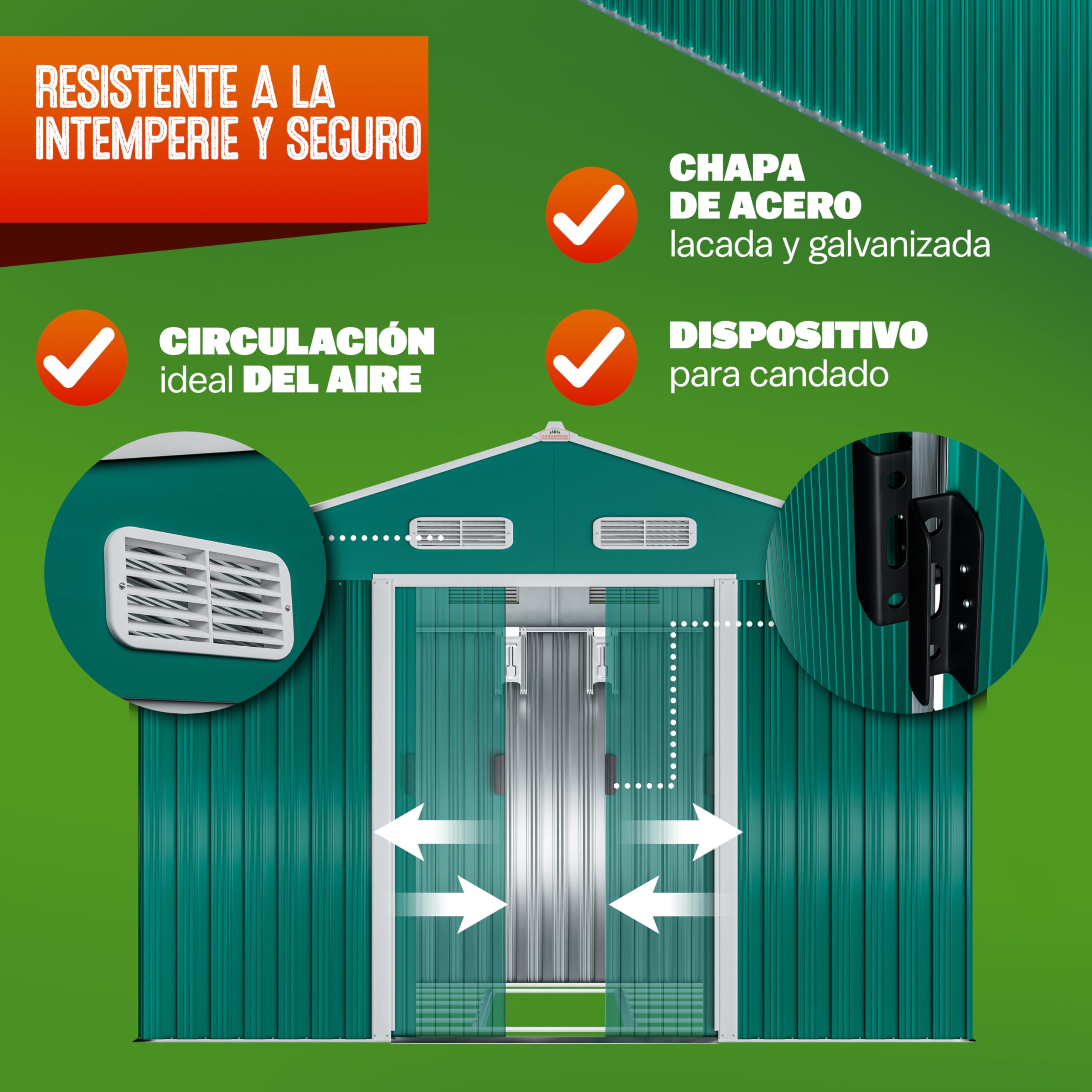 GARDEBRUK® Cobertizo de Jardín 8 m² 312x257x178 cm Caseta Metálica Exterior 15m³ con Base Puerta Corrediza Verde