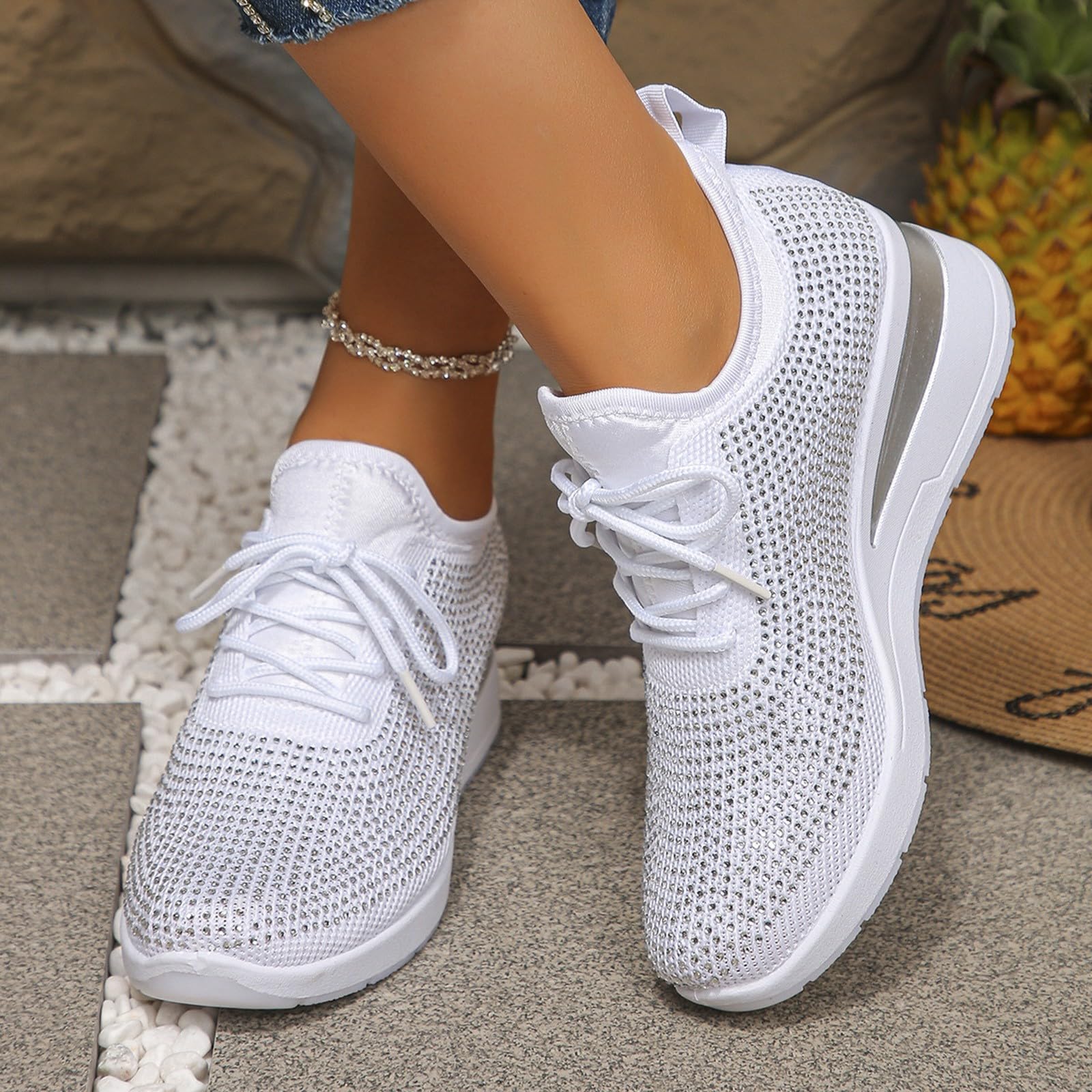 Generisch Sneakers da donna con strass Sparkly alla moda con piattaforma glitterata, scarpe da passeggio, estive in rete, traspiranti, leggere, comode, antiscivolo, per il tempo libero