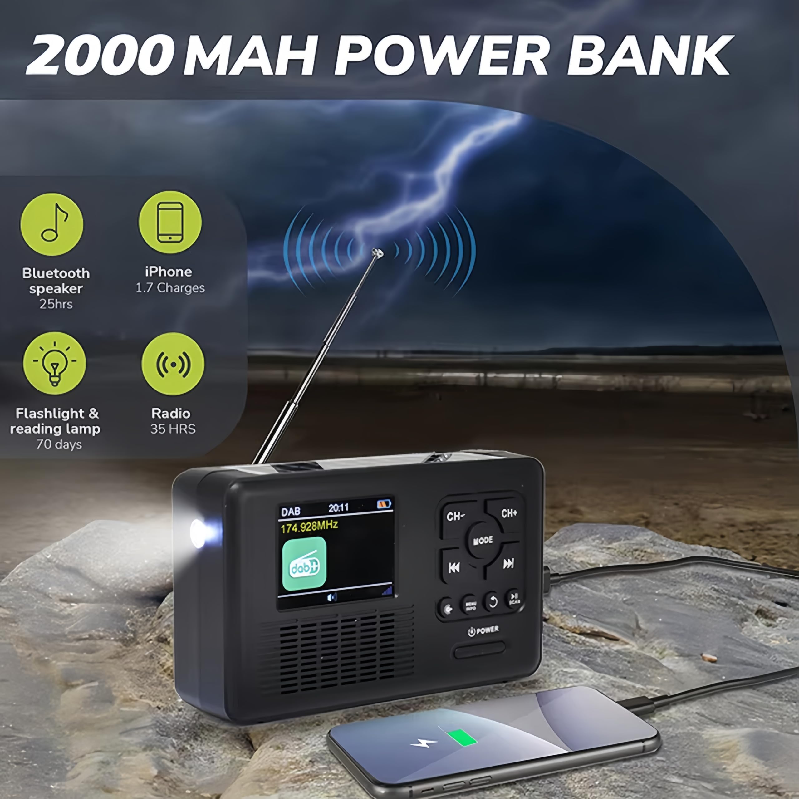 Radio Météo d'urgence à Manivelle, Radio Dab FM Portable à Manivelle Solaire, Bluetooth 5.0, Radio d'urgence Alimentée à 4 Voies avec Lampe de Poche, Carte Mémoire, Lecture MP3