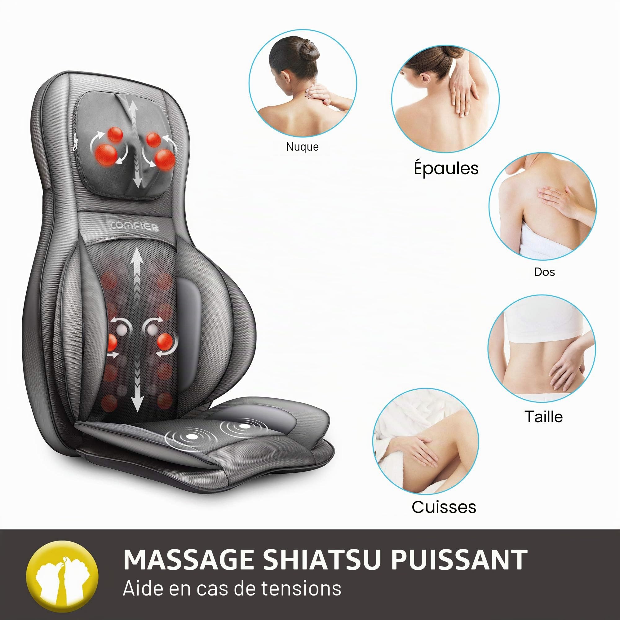 COMFIER Siège Massant Shiatsu avec Compression et Roulement - Masseur de Dos avec Chaleur, Chaise Massage de pétrissage pour Dos, Cou et Épaules