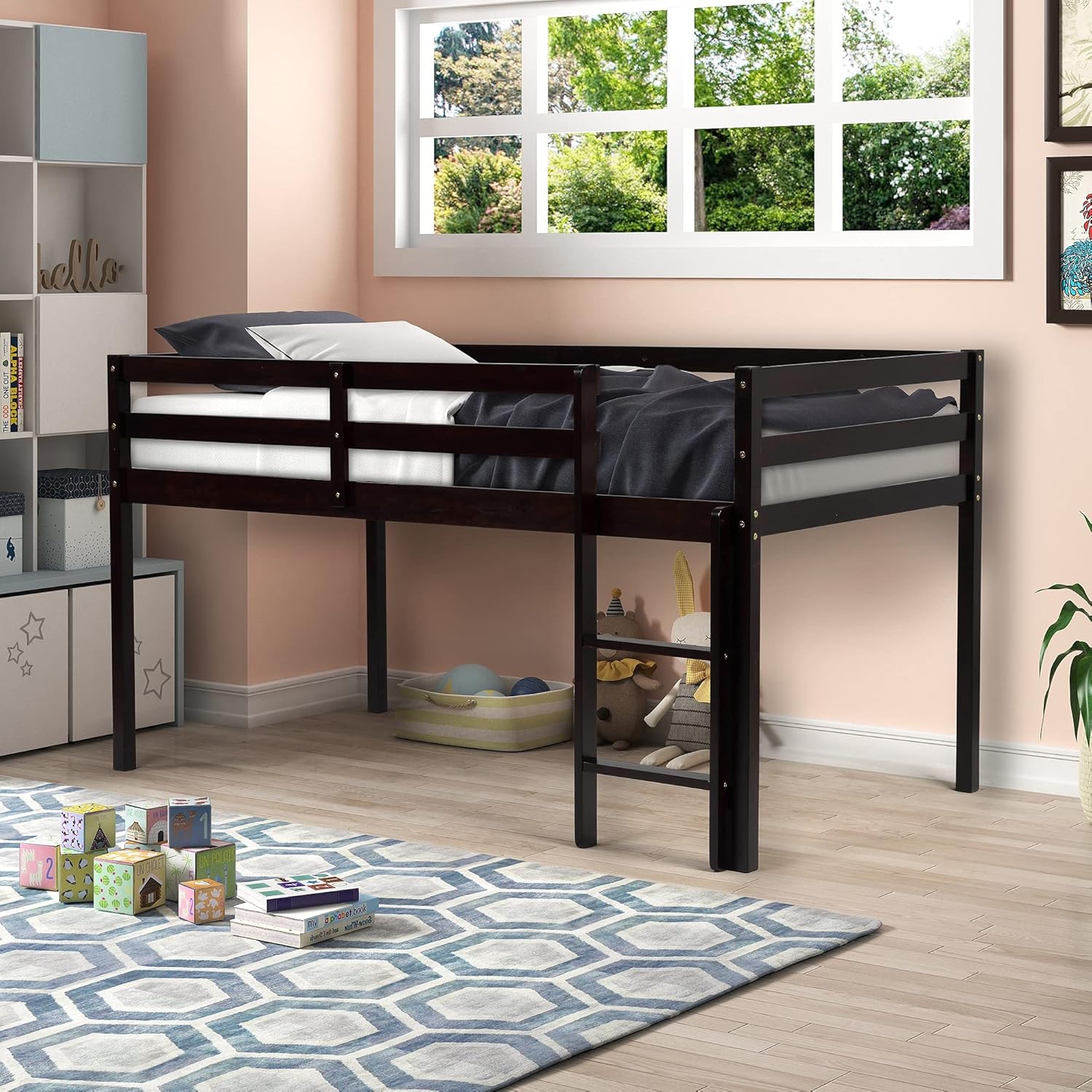 Rhomtree Twin Size Wood Loft Bed with Ladder Low Bunk Bed for Teens Kids Boys Girls Bedroom Furniture (Espresso)