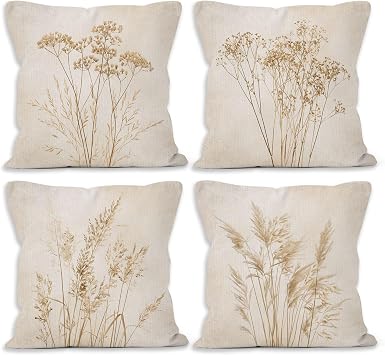Neutral Vintage Botanical Throw Pillow Covers 18x18 Set of 4, Rustic Fall Wildflower Decor Pillow Cases Gifts for Farmhouse Bedroom Living Room, Autumn Flower Pillowcases for Couch Bed Sofa
