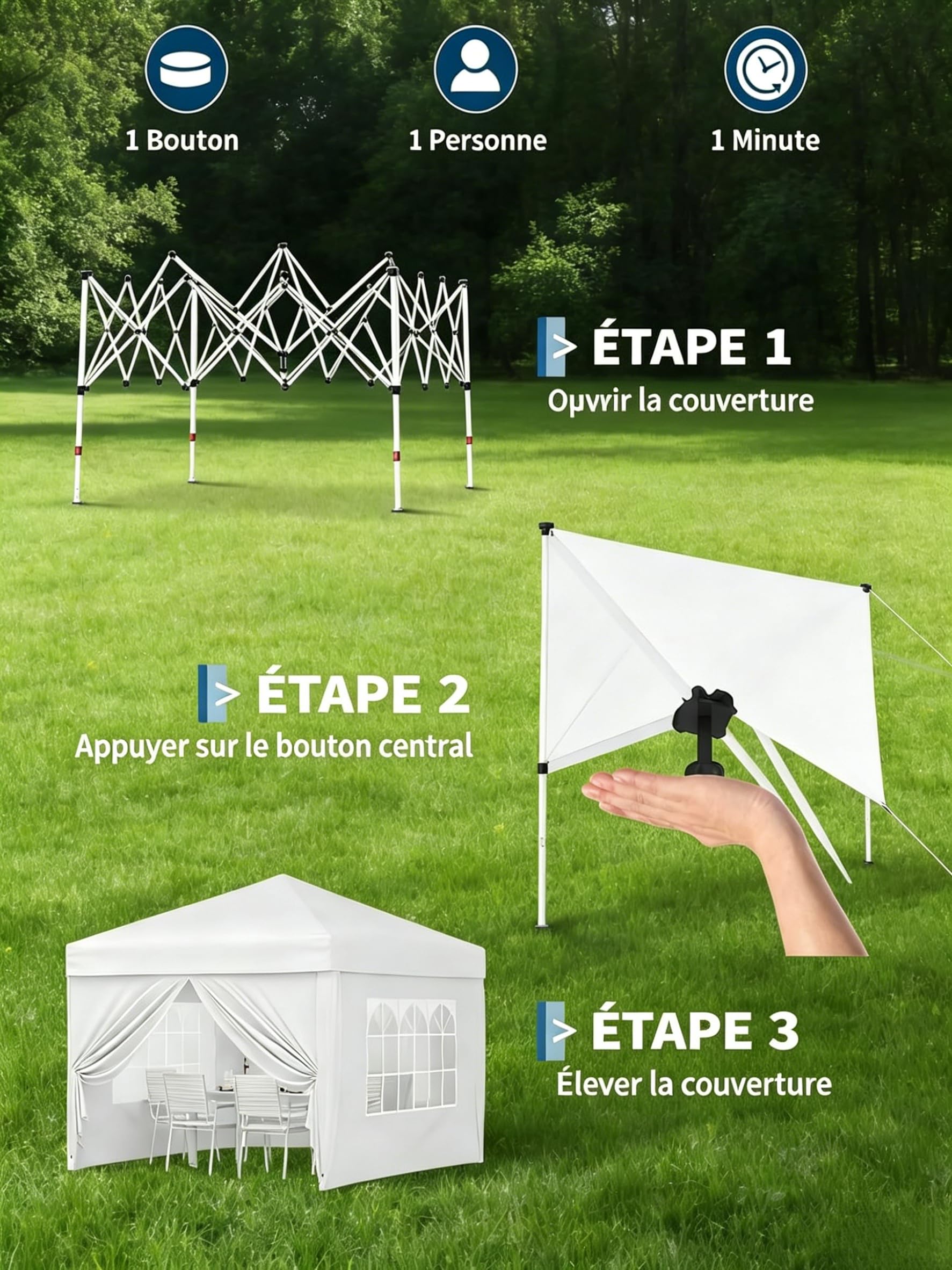 Tonnelle Pliante 3x3 Ht 2,7m Imperméable Fenêtres Église UV50+, Blanc
