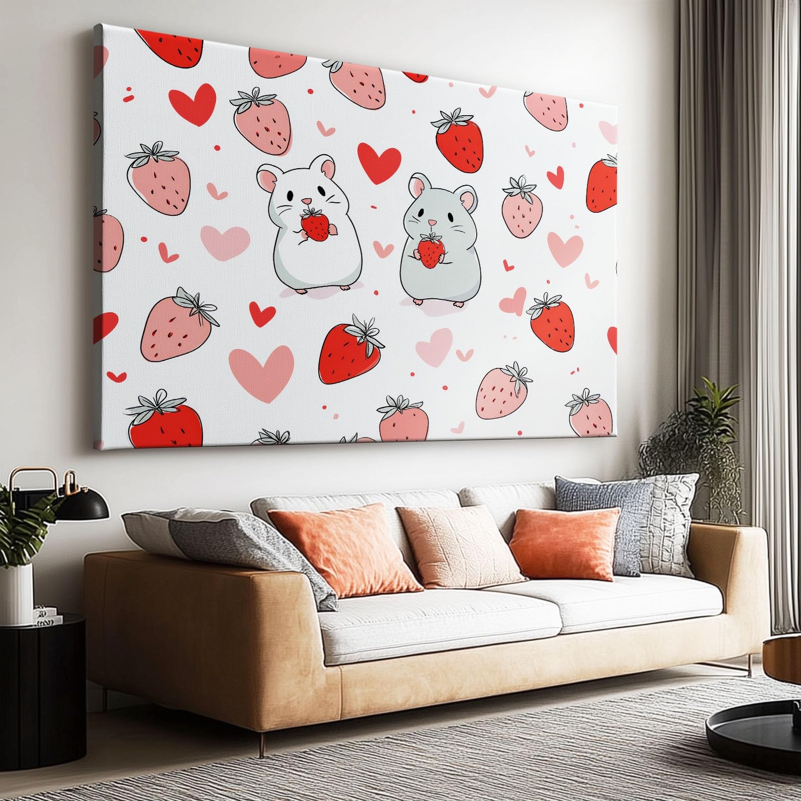 Genérico Obraz z ramą animowany chomik truskawka 90x60cm płótno ścienne 3D, obraz dekoracyjny do salonu sypialni łazienki kuchni korytarza, dekoracja domu