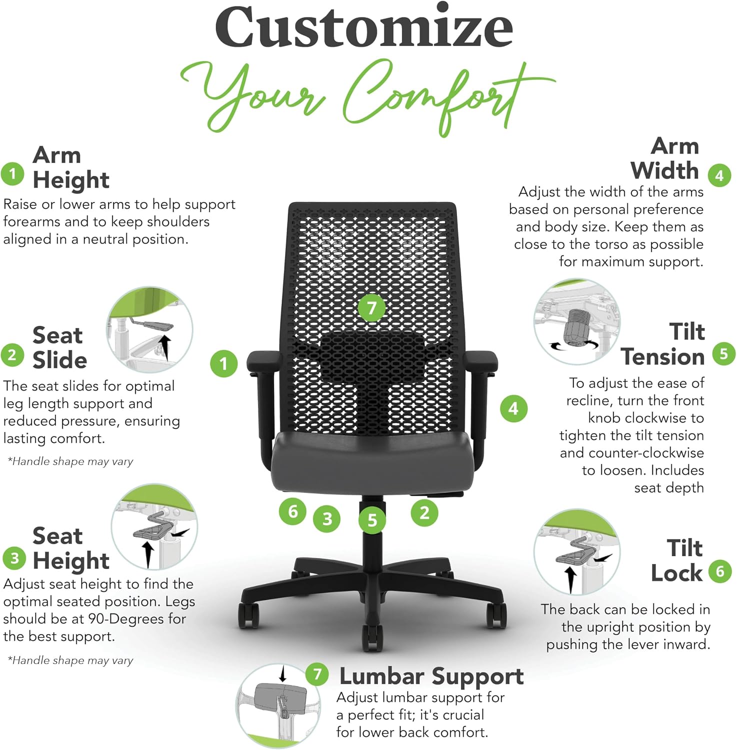 HON Ignition 2.0 ReActiv Ergonomic Office Chair, Mesh Desk Chair with Lumbar Support, Synchro‑Tilt Recline, Height and Width Adjustable Arms, Swivel Wheels, Black Frame, Graphite
