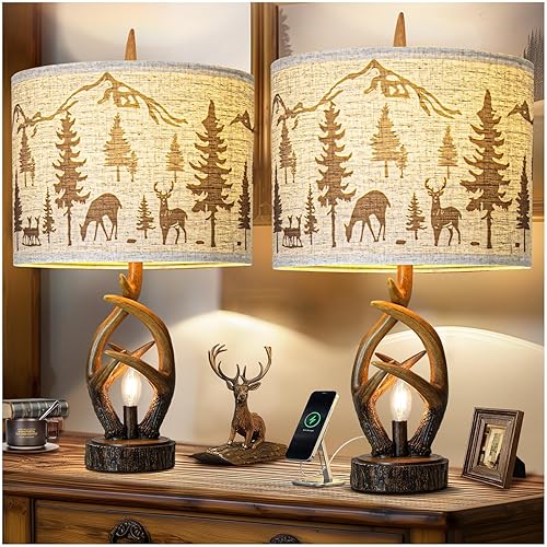 Farmhouse Deer Antler Table Lamp Set of 2 For Living