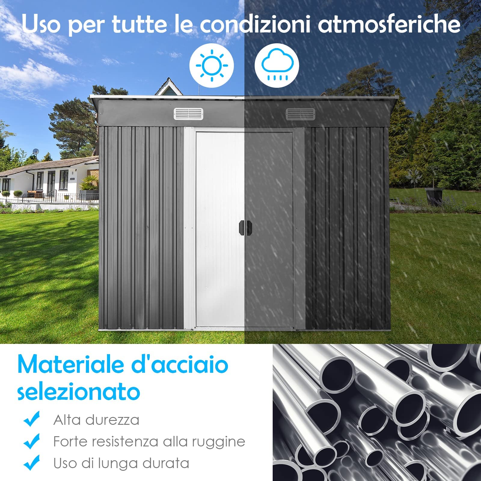 RELAX4LIFE Casetta da Giardino 3,12 m² 5 m³, in Lamiera d'Acciaio e e Lamiera Zincata con2 Porte Scorrevoli, Tetto Inclinato, per Porta Attrezzi, Tosaerba 238×131×160cm