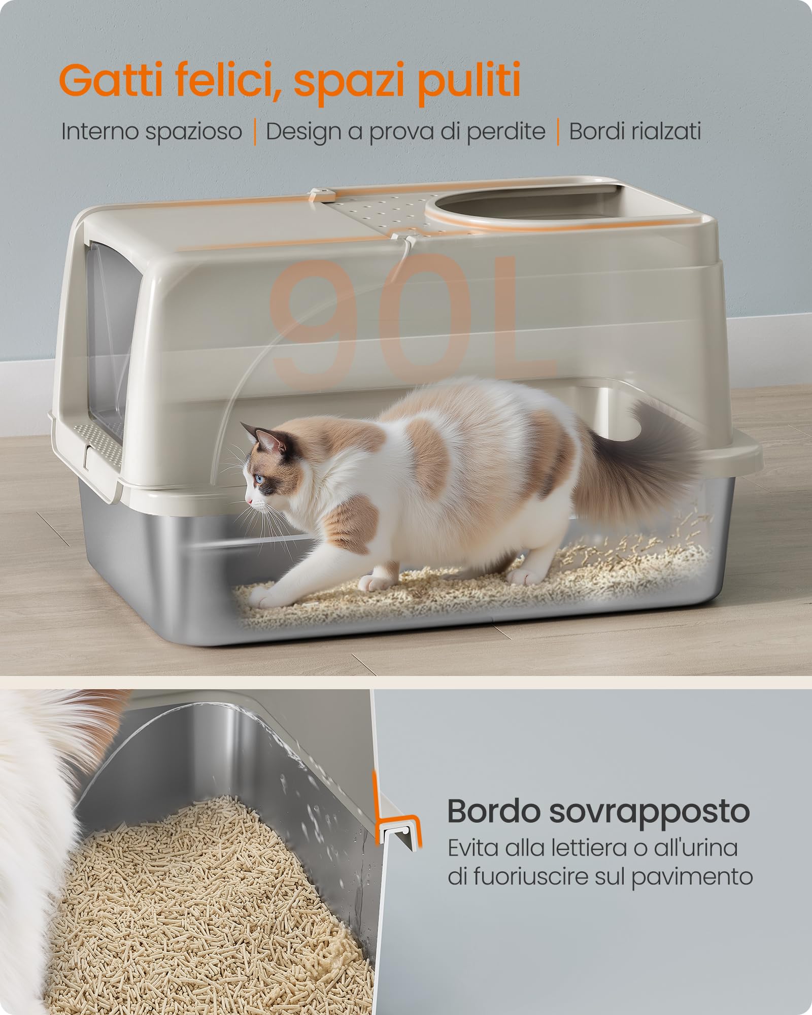 Feandrea Lettiera per Gatti in Acciaio Inossidabile con Coperchio Ribaltabile, Lettiera Chiusa XL Anti Perdite, Paletta, Spazzola, Doppio Ingresso, per Gatti fino a 15 kg, Beige Cappuccino PPT005K01