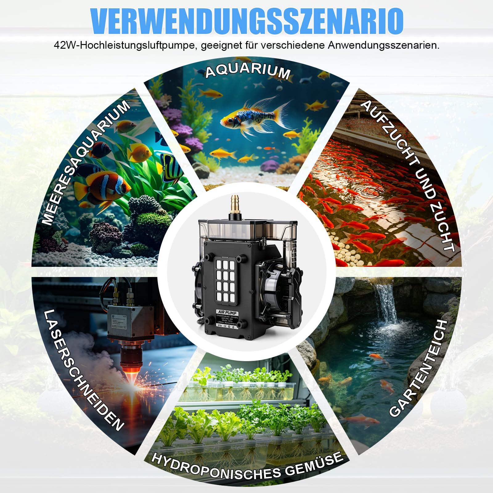 Bomba de aire para acuario de 42 W con piedra de aire de 12 x 5 cm