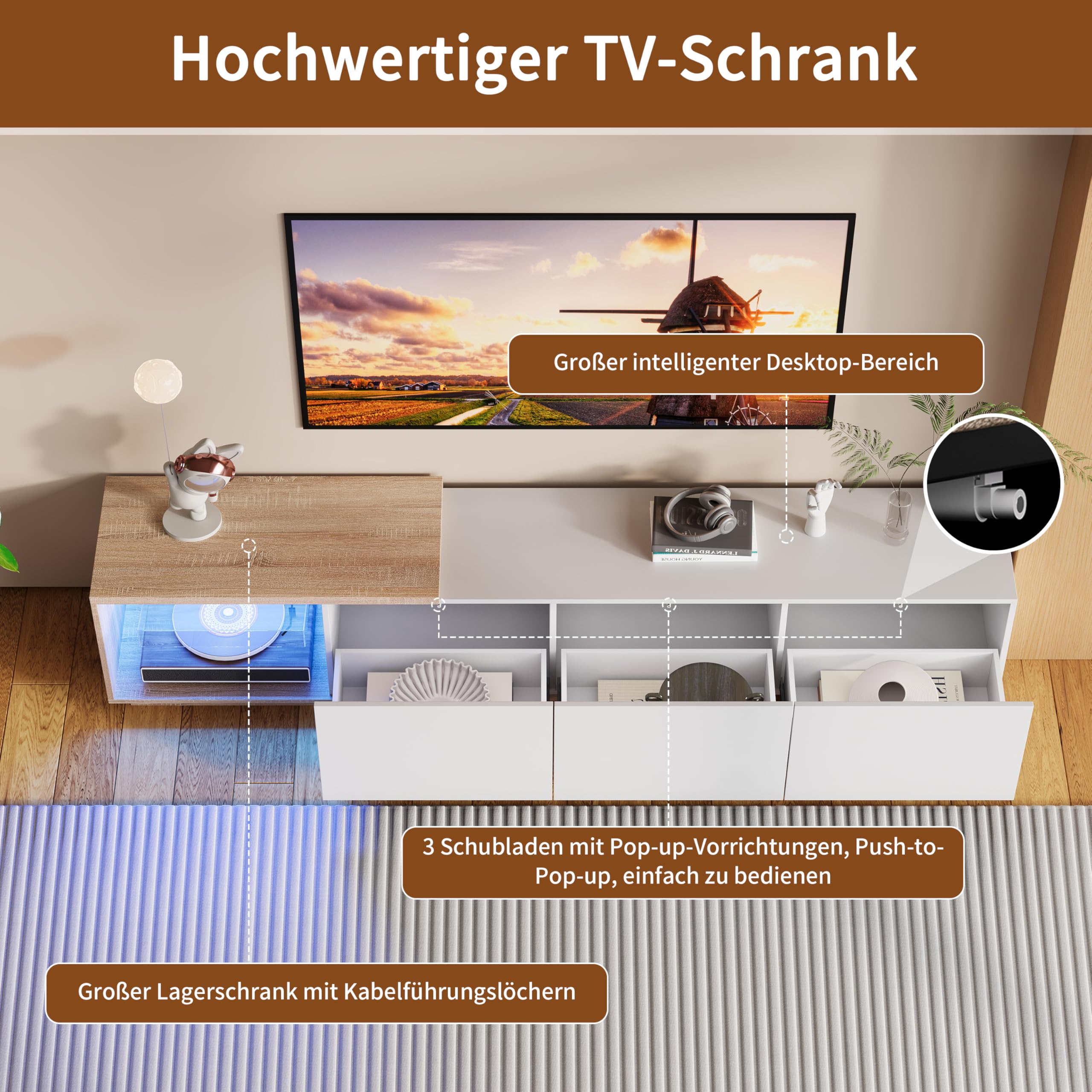 Szafka pod telewizor LED 240 cm, szafka pod telewizor, ławka telewizyjna, meble do salonu, nowoczesna drewniana ławka telewizyjna z 3 szufladami, niska szafka do salonu, meble do salonu (biały-2)
