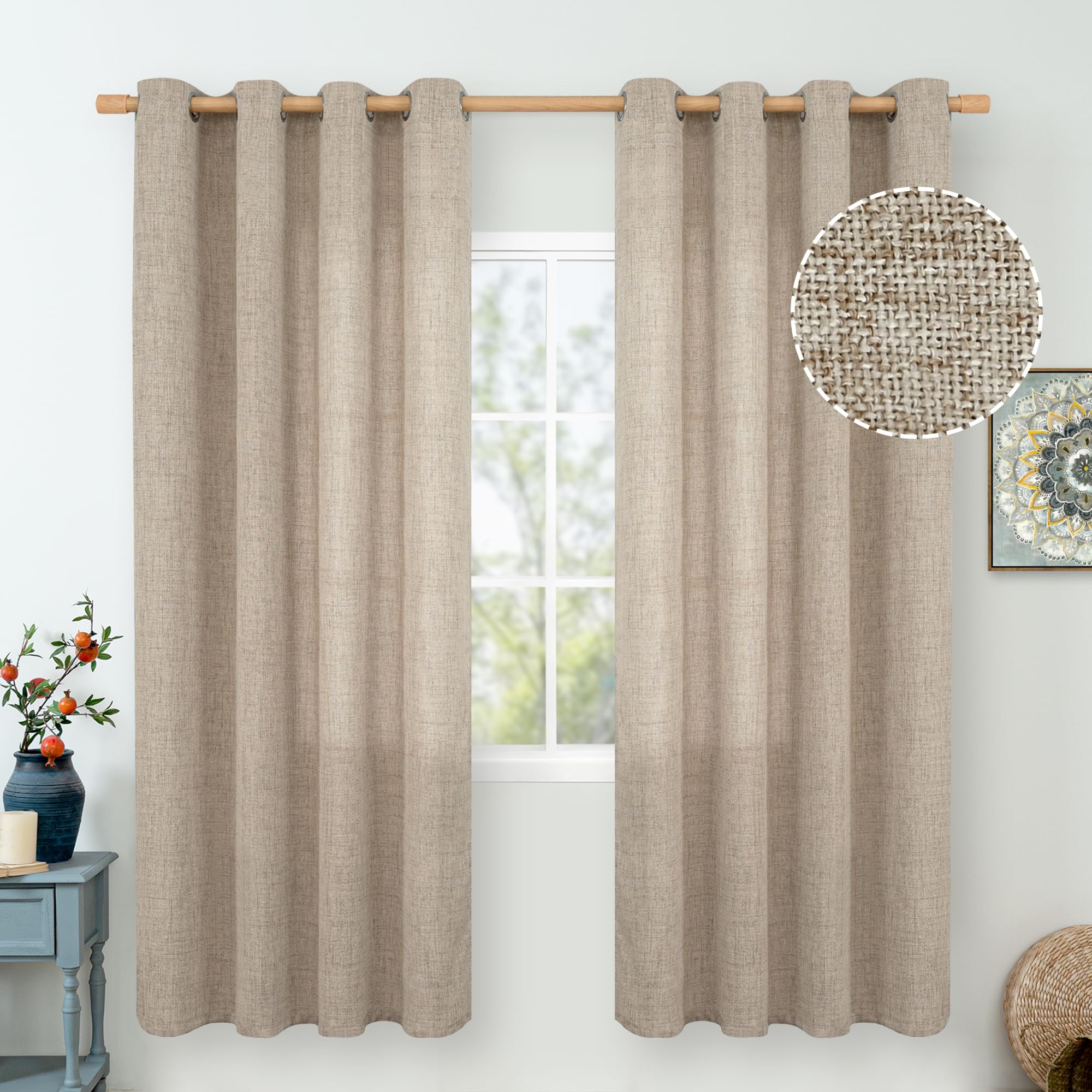 QUEMAS Oatmeal Linen Curtains for Bedroom 72 Inch Length 2 Panels, Burlap Textured Curtains Light Filtering Thick Semi Sheer Grommet Bedroom Curtains for Farmhouse, 52 Inch Wide 2 Panel, Dark Oatmeal — image 1
