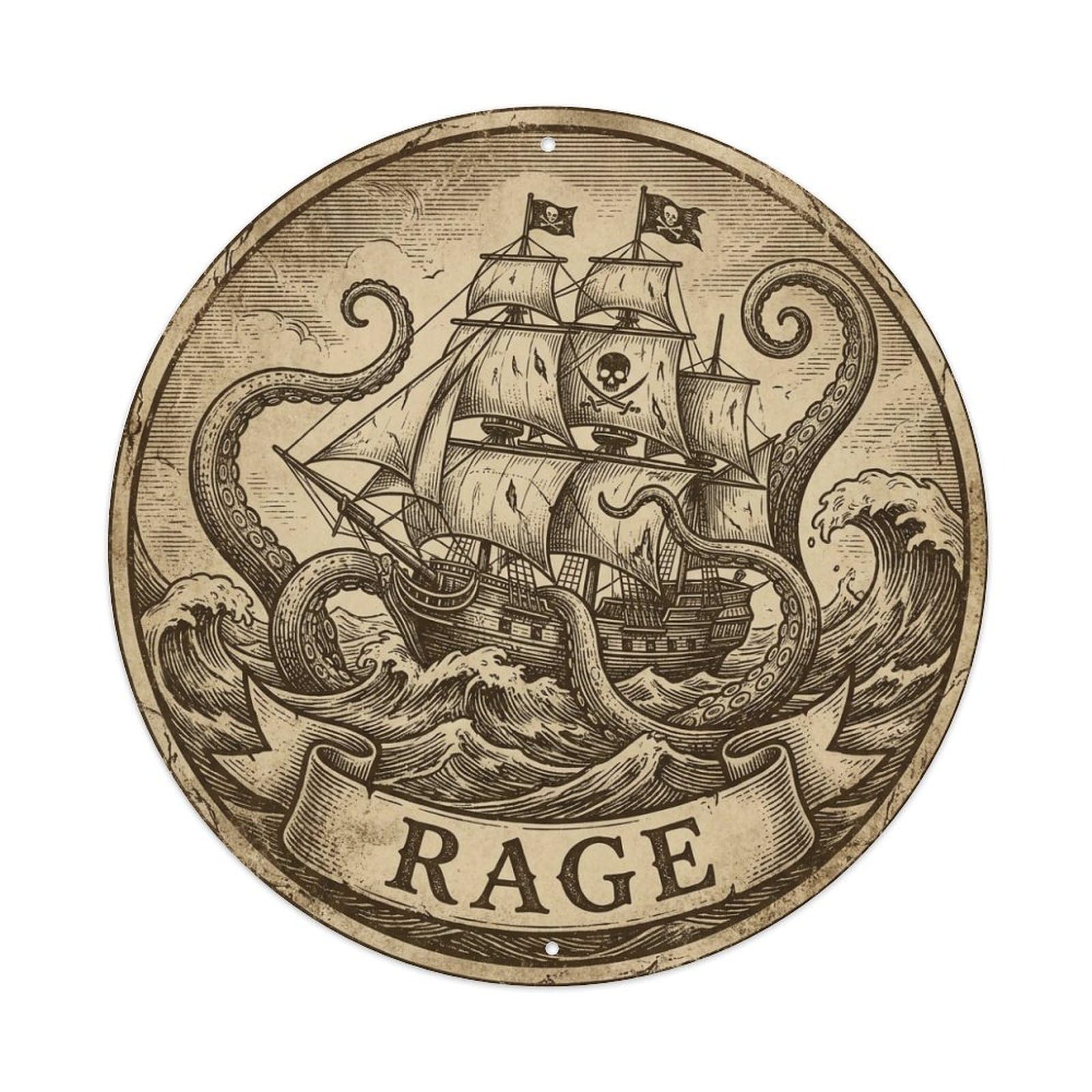 Rage Pirate Ship Octopus Waves Kraken Voyage Metal Tin Sign