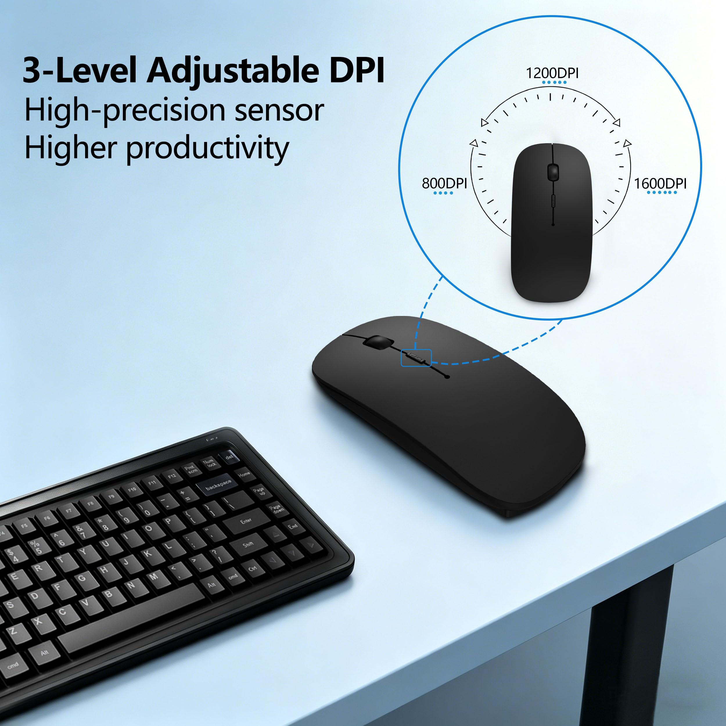 Ratón inalámbrico Bluetooth recargable con jiggler, mouse delgado silencioso para MacBook, iPad, laptop y PC, receptor dual USB-C/USB-A, BT5.2 y 2.4G, mouse óptico portátil con DPI ajustable, color
