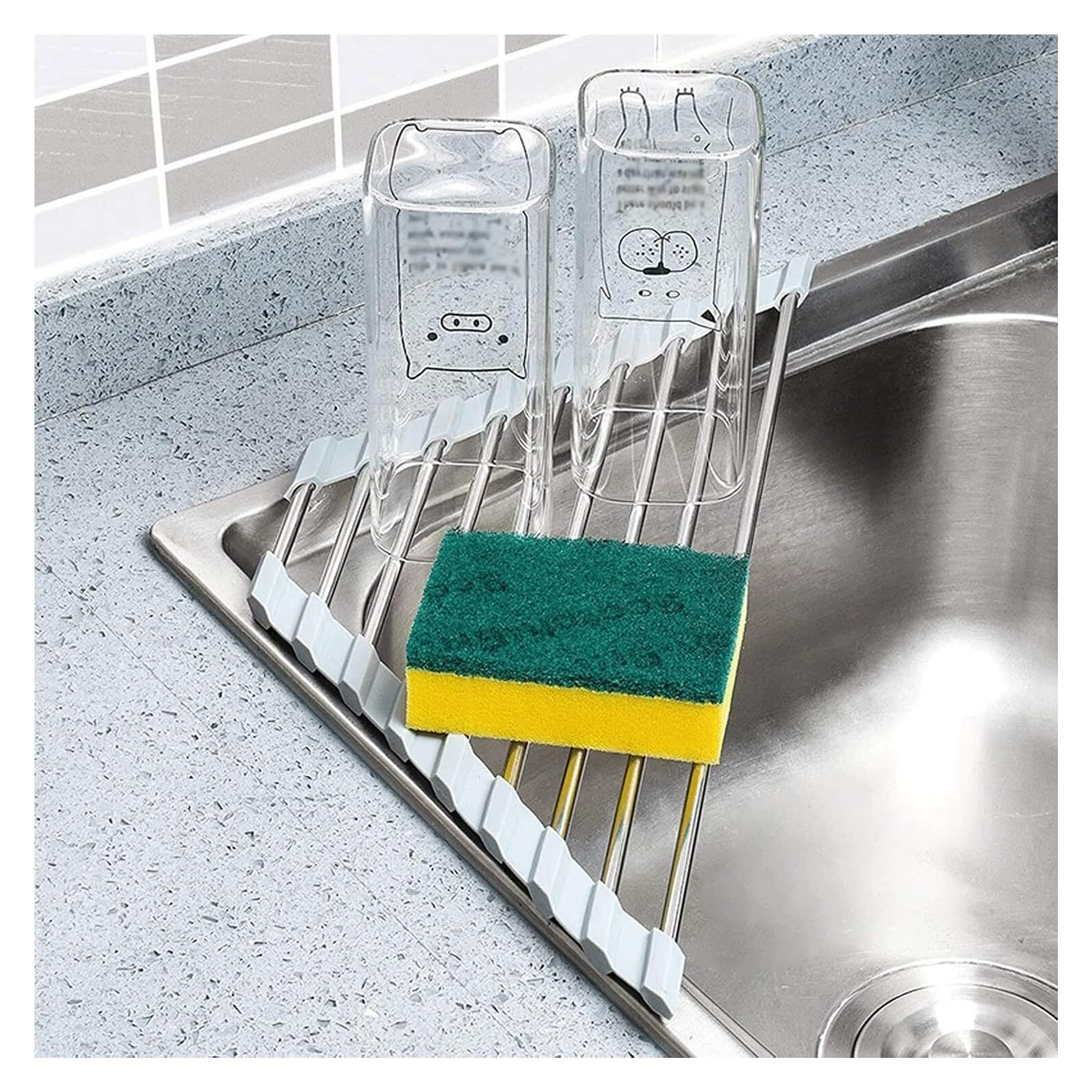 Scolapiatti Triangolo Scolapiatti Scolapiatti Lavello da Cucina Scarico Rack di stoccaggio Pieghevole Arrotolabile Spugna Straccio Mensola Porta Rubinetto Organizzatore da Cucina(Grey)