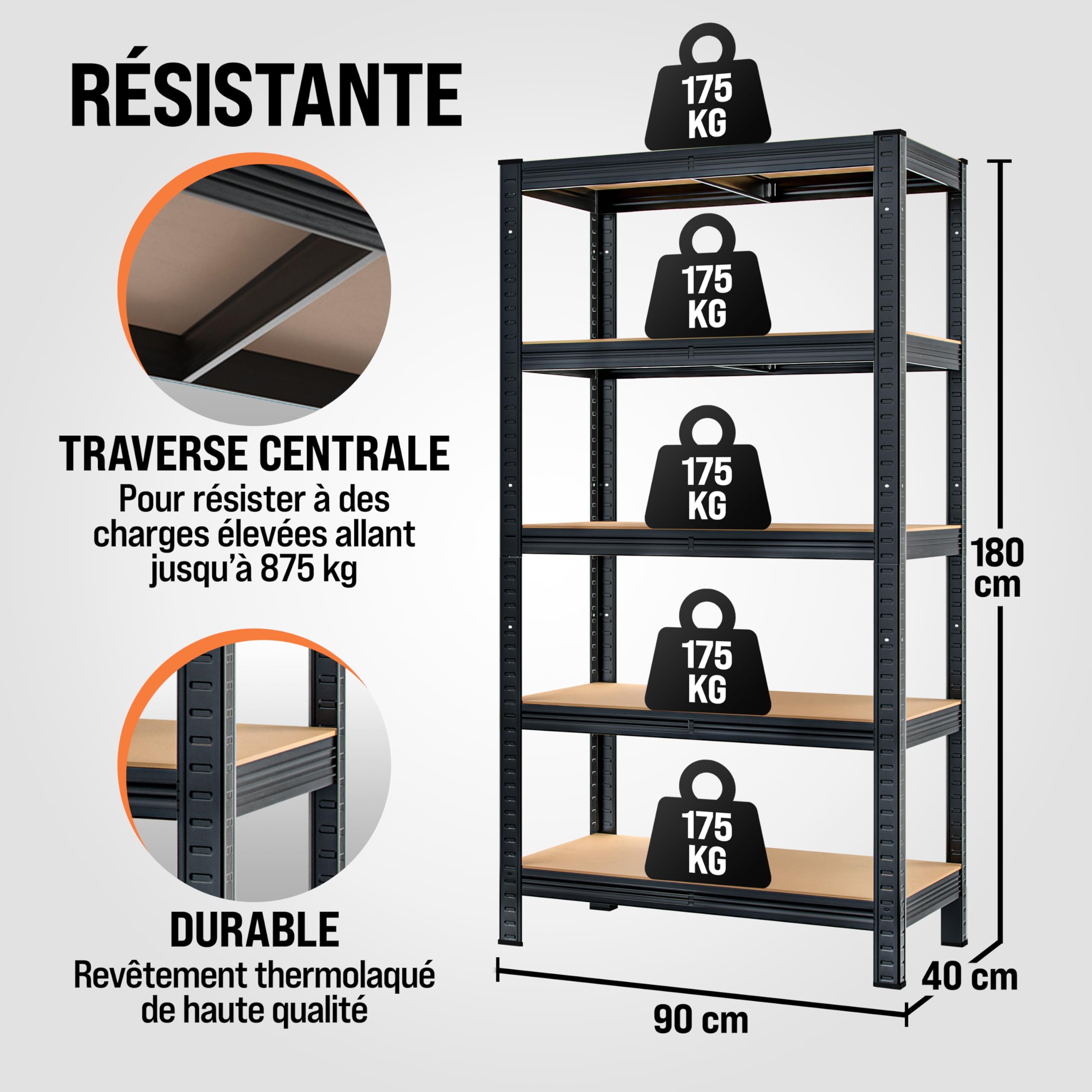 Monzana® 2X Étagères Charge Lourde Noir 5 Niveaux 180x90x40cm Étagère métallique Max 875kg Rangement Garage Atelier