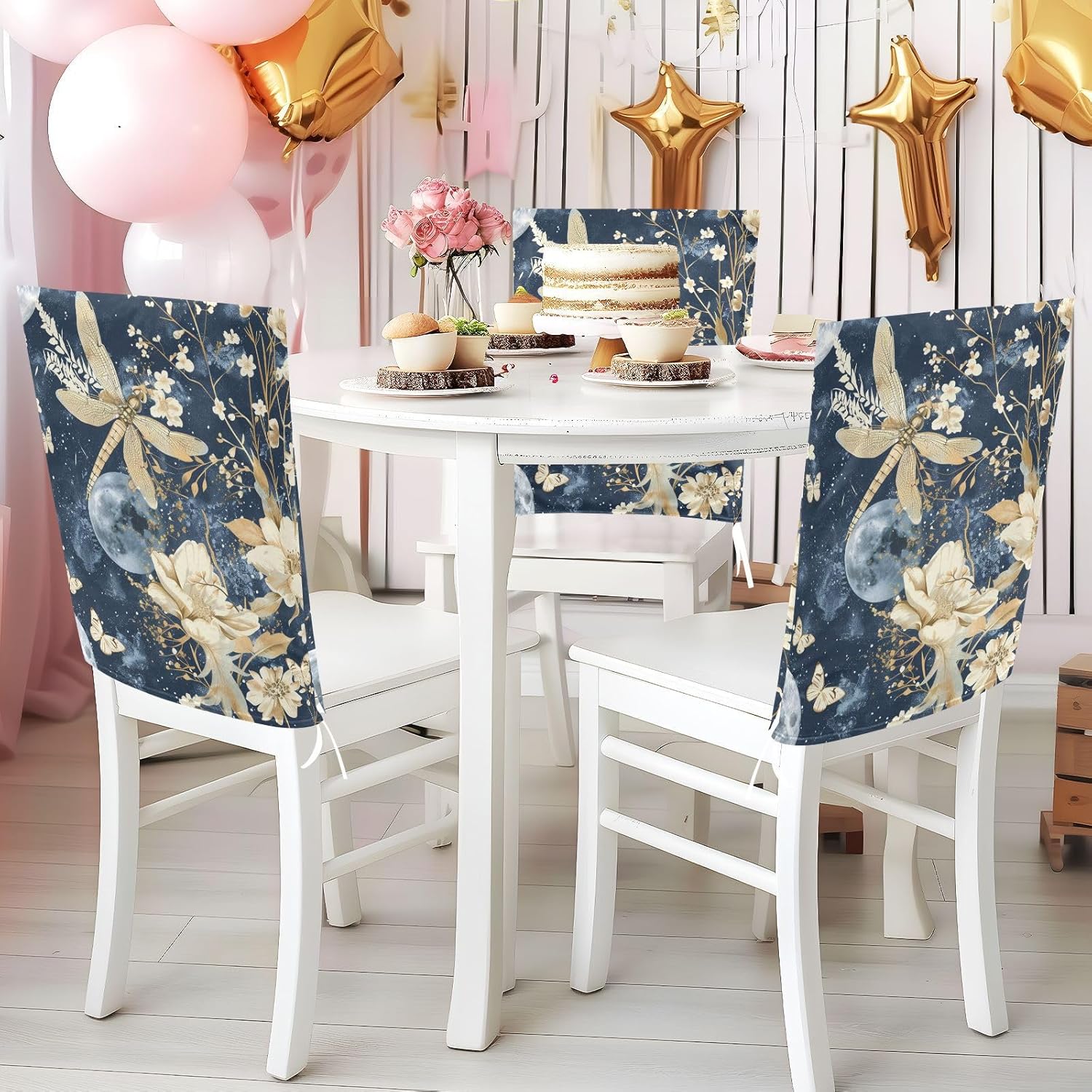 ALAZA Dragonfly Flowers Moon Butterfly Chair Back Cover Set of 6, Washable Reusable Removable Chair Slipcovers Decorative Chair Cover for Home Kitchen Wedding Party