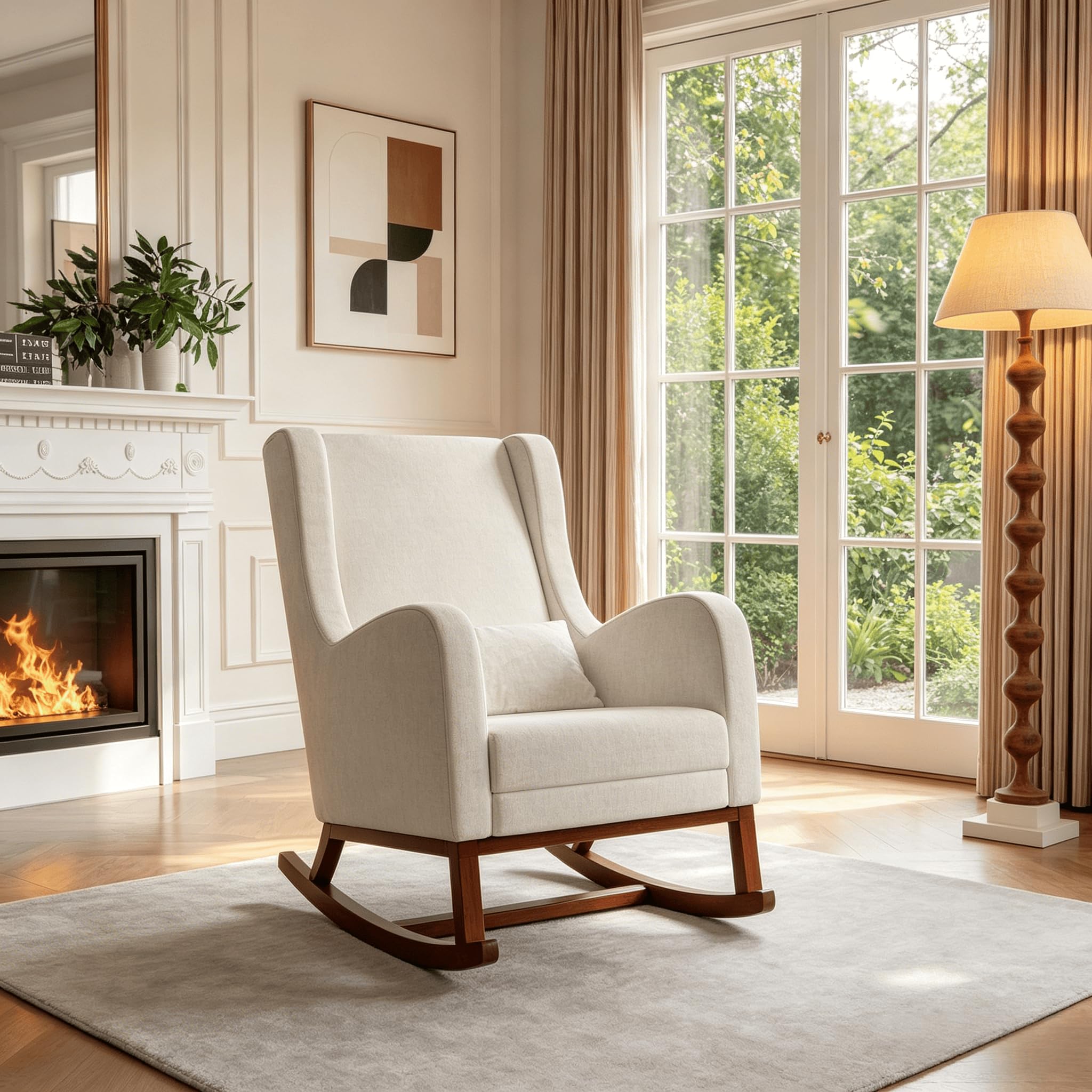 Poltrona a Dondolo Ergonomica, con Braccioli e Tasche Laterali, Sedia da Allattamento con Cuscini, Struttura in Legno Massello, Chaise Longue per Soggiorno o Camera da Letto (Beige)