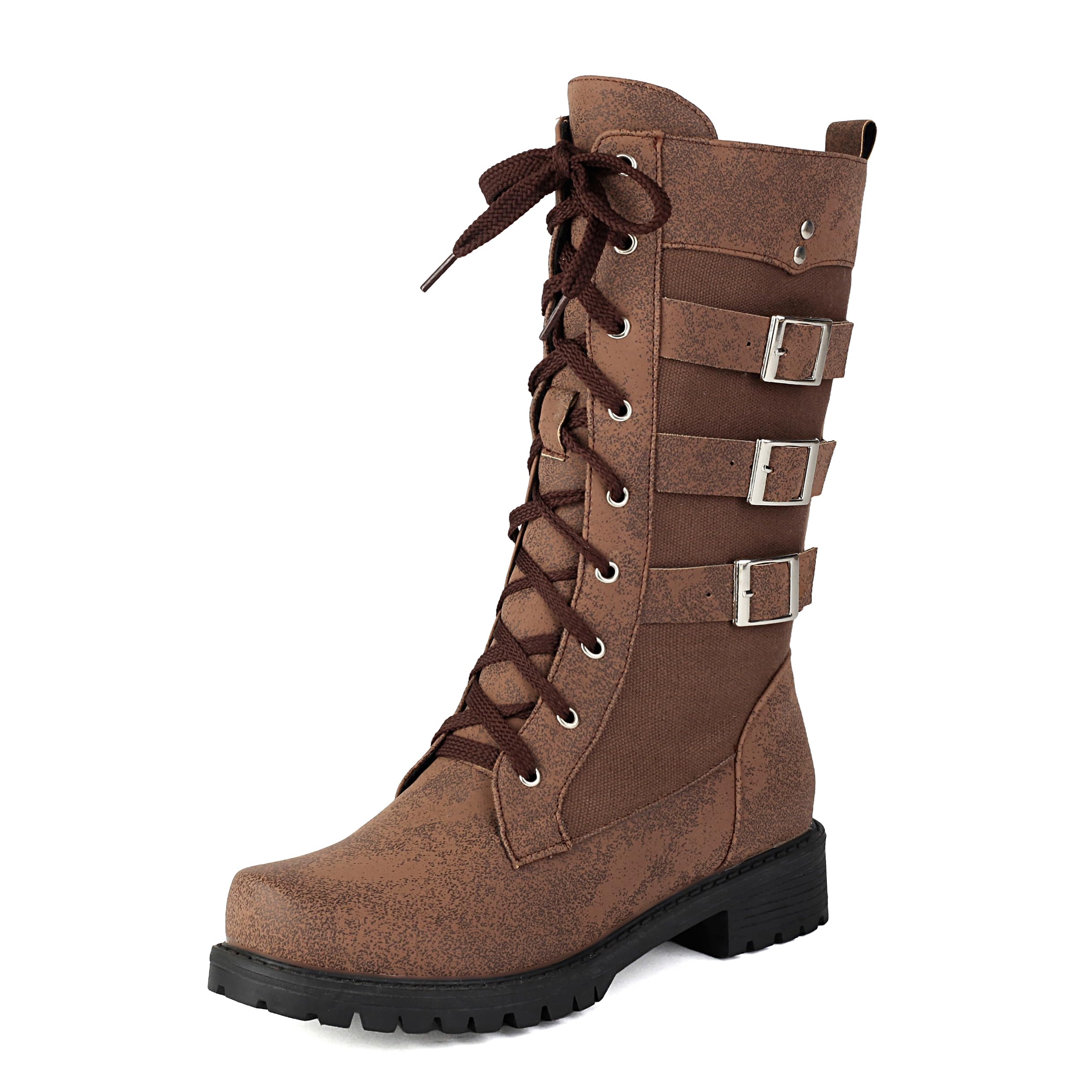 BEAUPAS Womens Combat Boots with Triple Buckle Straps Flat Mid Calf Lace Up Goth Boots