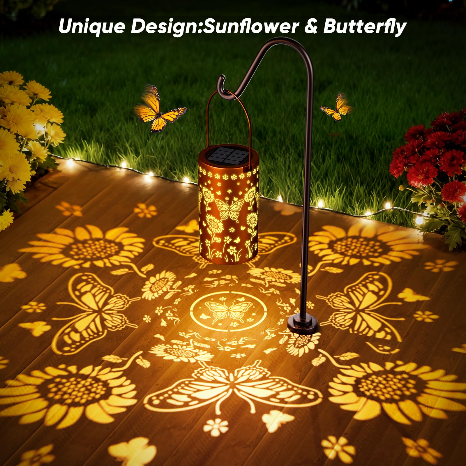 Lanterne solari impermeabili per esterni, lanterna decorativa con motivo girasole e farfalle, per giardino, patio, cortile, regalo da donna per proprietari di case e coppie, confezione da 2