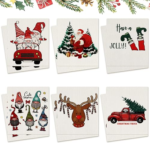 12 paños de cocina suecos de Navidad, paños de cocina suecos, gnomos de Navidad, Papá Noel, alce, paños de cocina reutilizables absorbentes, platos