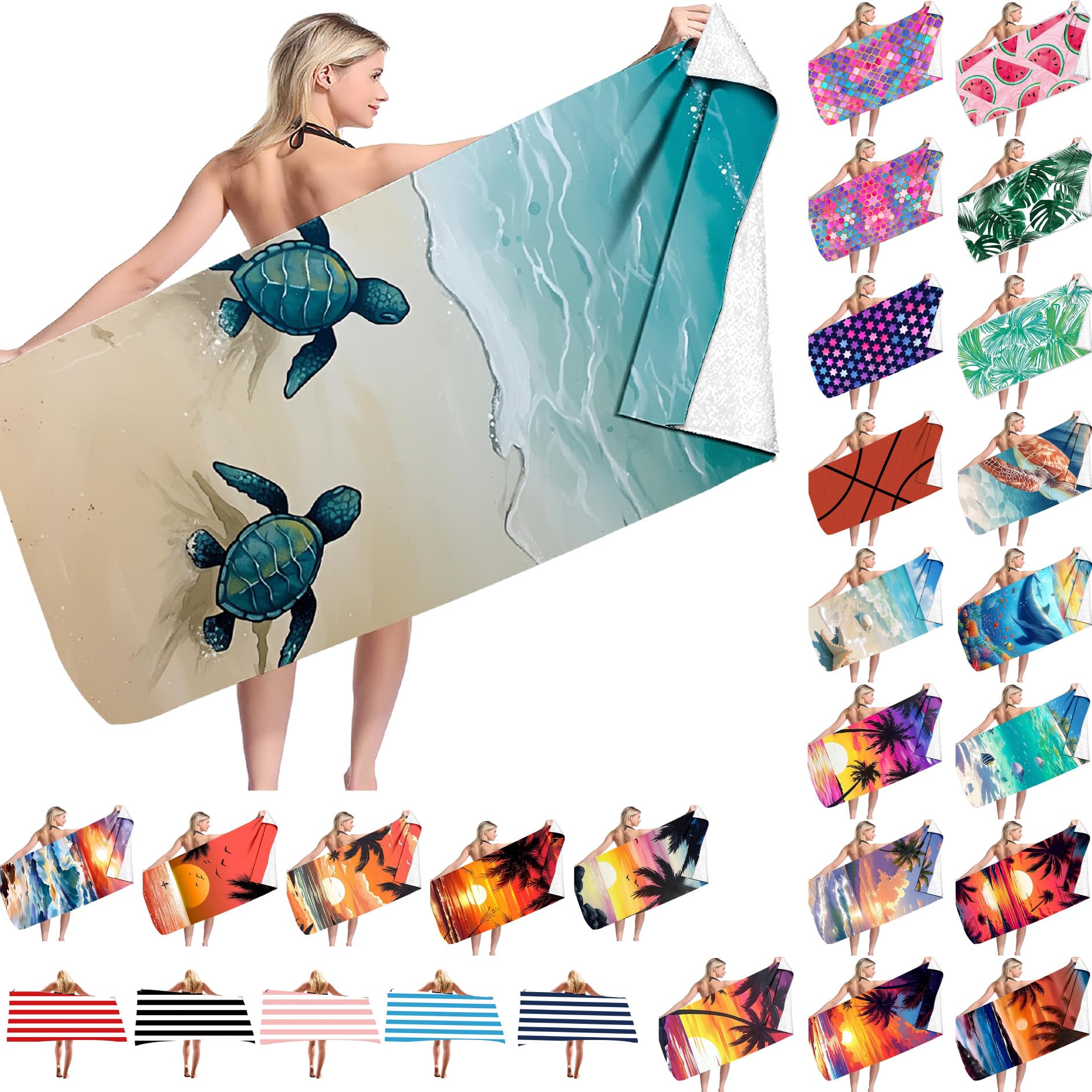 Microfibre Towel Clearance Summer Striped Quick Dry Holiday Towels Super Lightweight Colorful Bath Towel Hawaiian Turtle Printed Sandproof Beach Blanket Multi-Purpose Towel for Travel Swimming Pool