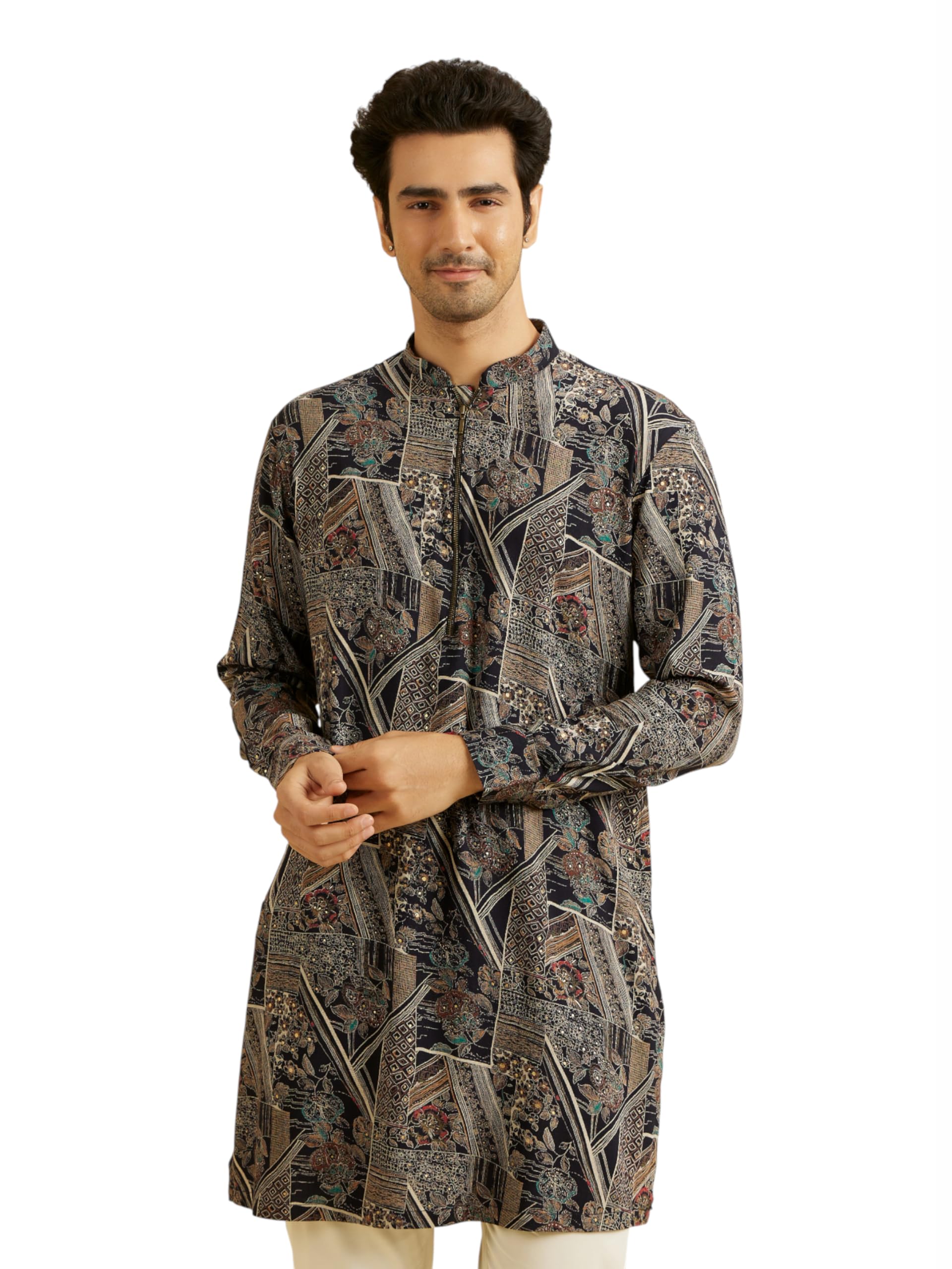 manyavar Men's Spandex Abstract Digital Print Long Kurta (1pc)-picture-29