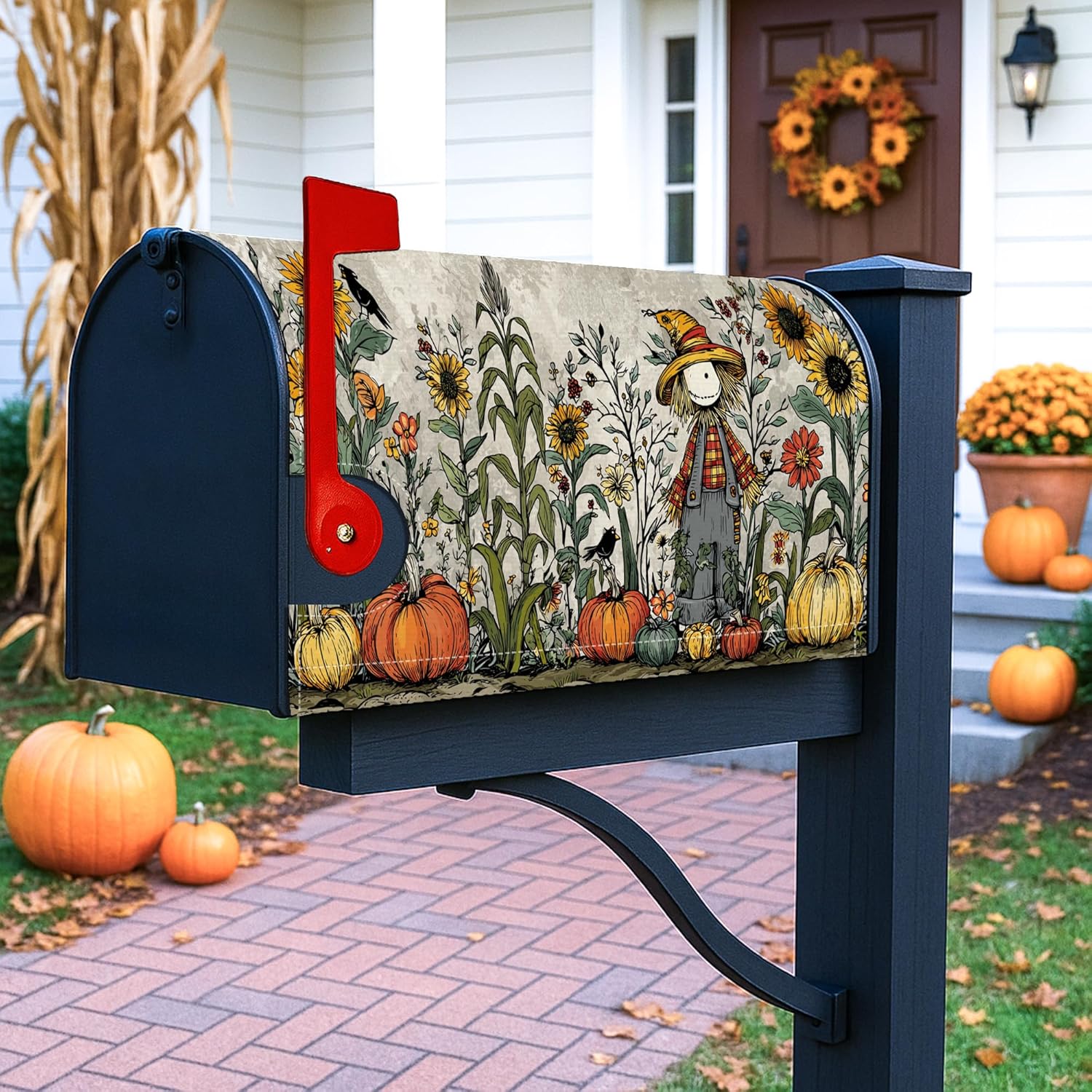 Scarecrow Magnetic Mailbox Covers, Fall Rustic Sunflower Pumpkin Fall Orange Mail Box Cover for Outdoor Garden Decor 18x21 Inch