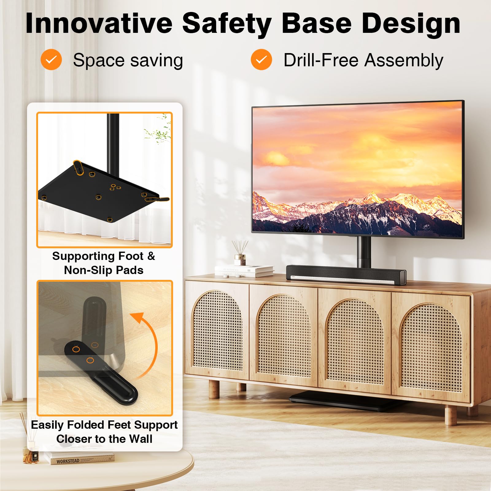 TVON Supporto TV da pavimento con supporto per la maggior parte dei televisori piatti/curvi da 32-60 pollici fino a 39,9 kg, supporto TV regolabile in altezza con base in legno, supporto girevole per
