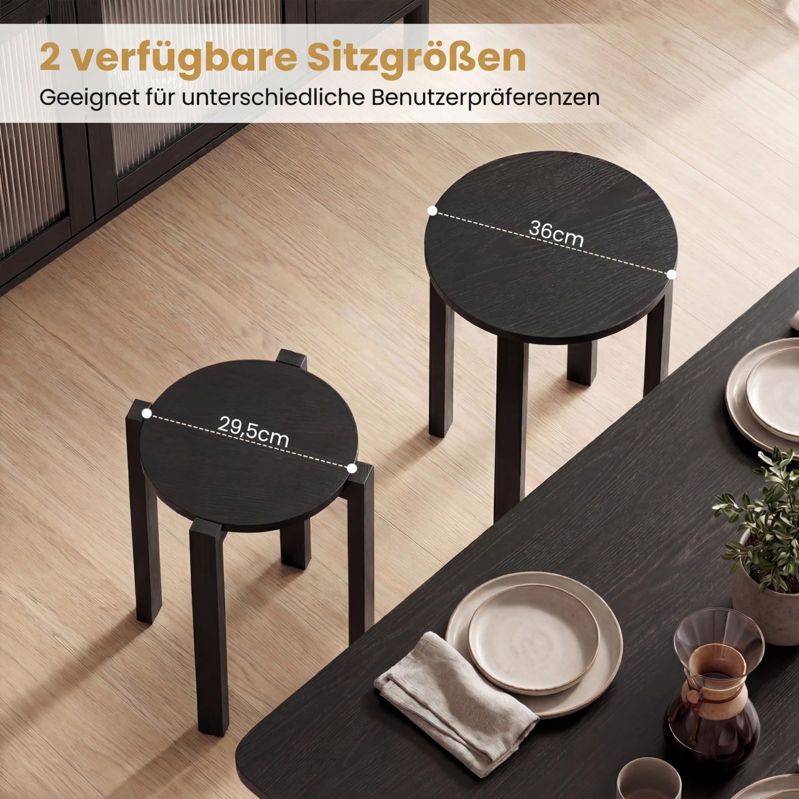 COSTWAY 4er Set Esszimmerhocker stapelbar, Stapelhocker mit Massivholzbeine & Rollenbasis, platzsparende holzstapelhocker, Holzhocker rund für Klassenzimmer, Küche, Wohnzimmer (Schwarz)