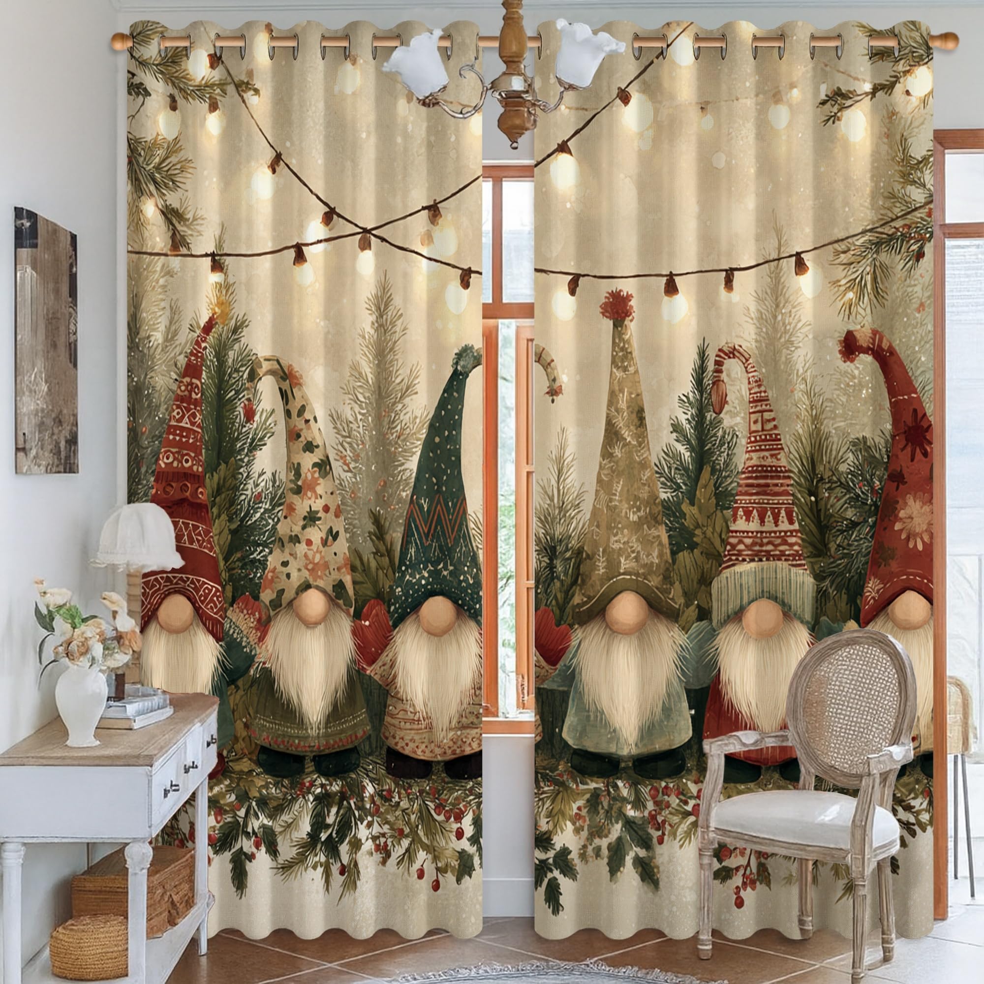 Verdunklungsvorhänge mit Zwerg, festlich, fantasievoller Weihnachtsbaum, Lichterkette, Weihnachtsgrün, maschinenwaschbar, Fenstervorhänge für Schlafzimmer, Kinderzimmer, Dekoration, 132 x 244 cm
