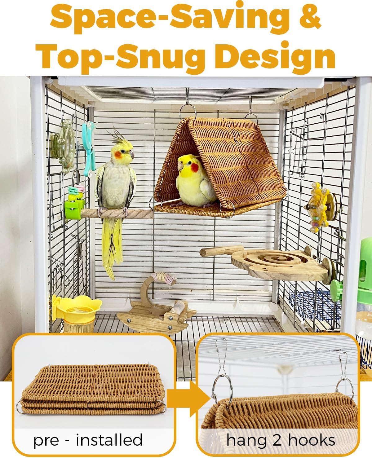 Chewproof Steel Frame & Seagrass Bird Nest Hammock for Small Medium Parrots with Ladder & Toys