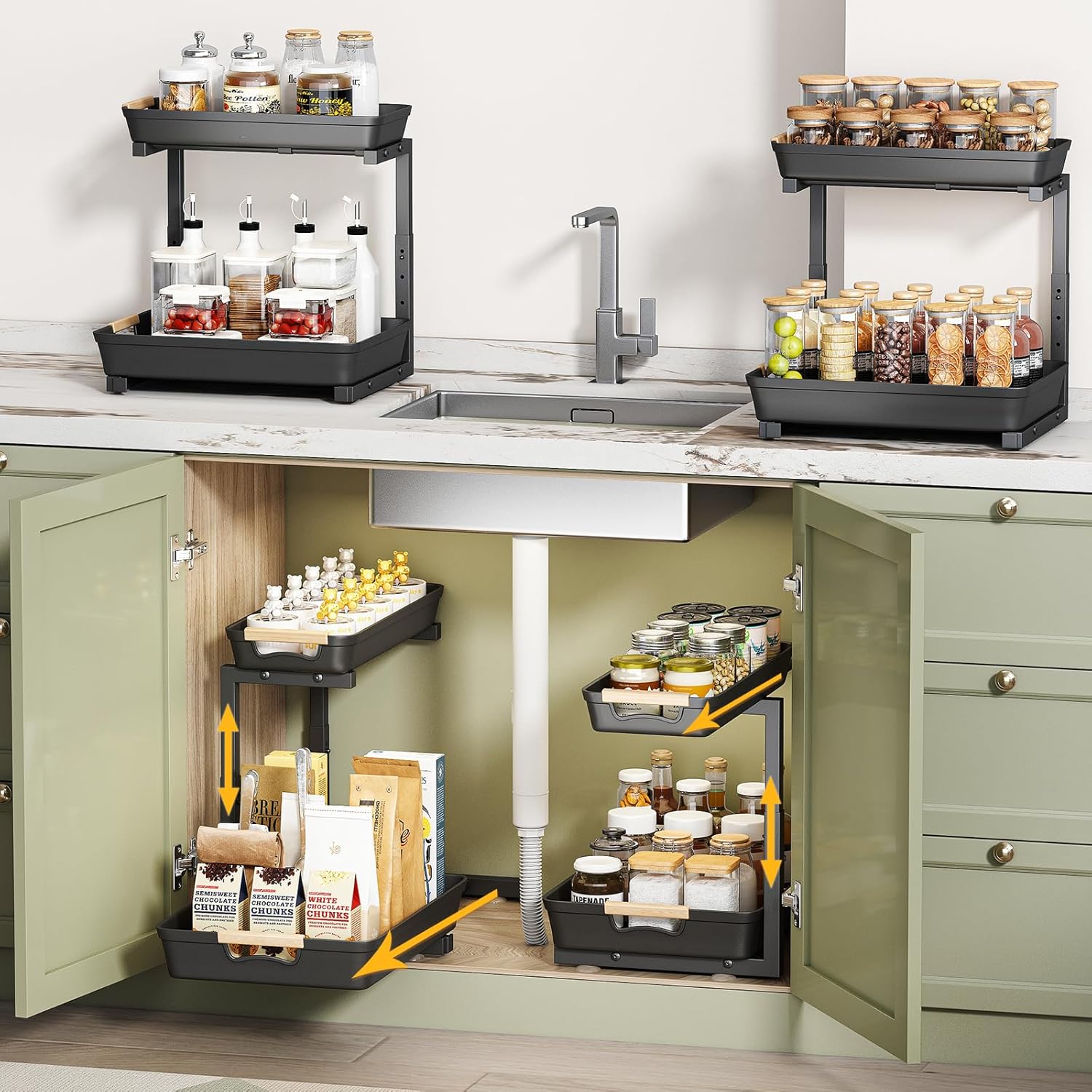 4 Pack Under Sink Pull Out Organizer,2 Tier Under Sink Organizer, Adjustable Under Kitchen Sink Organizer And Storage,Under Sink Drawers Slide Out For Bathroom,Laundry,Black