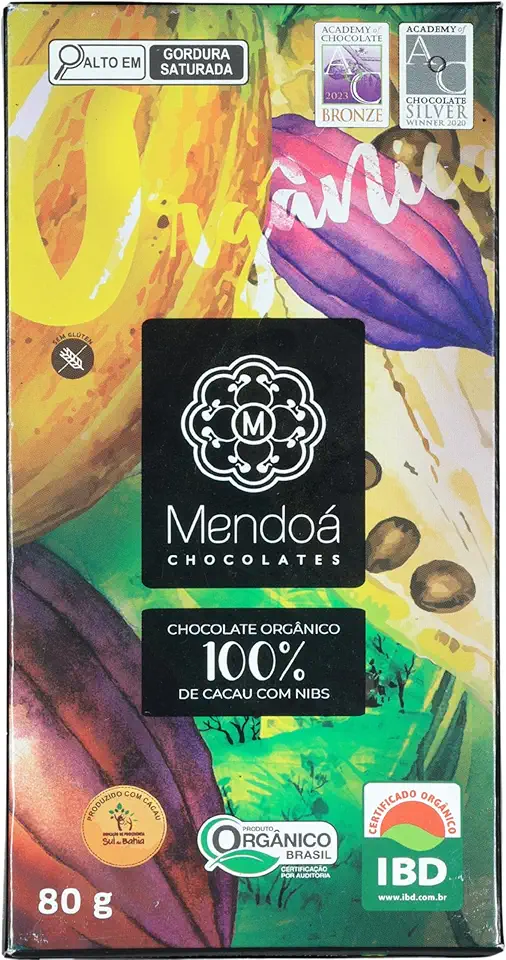 Mendoá, Barra de chocolate premium orgânico 100% de cacau com Nibs de cacau, 80 gramas