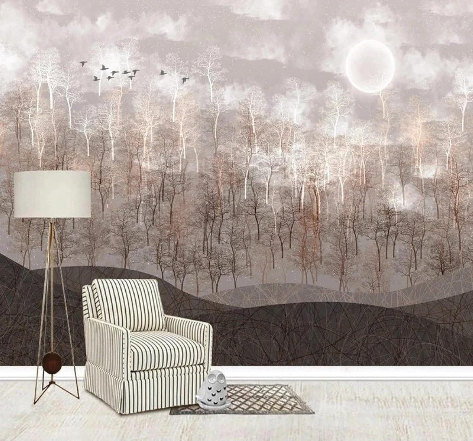 XLMING Abstract Birds Forest Retro Style 3D Wallpaper Silky Texture Home Study Office Grey Dining Room Sofa Bedroom Living Room TV Backdrop-400cm×280cm