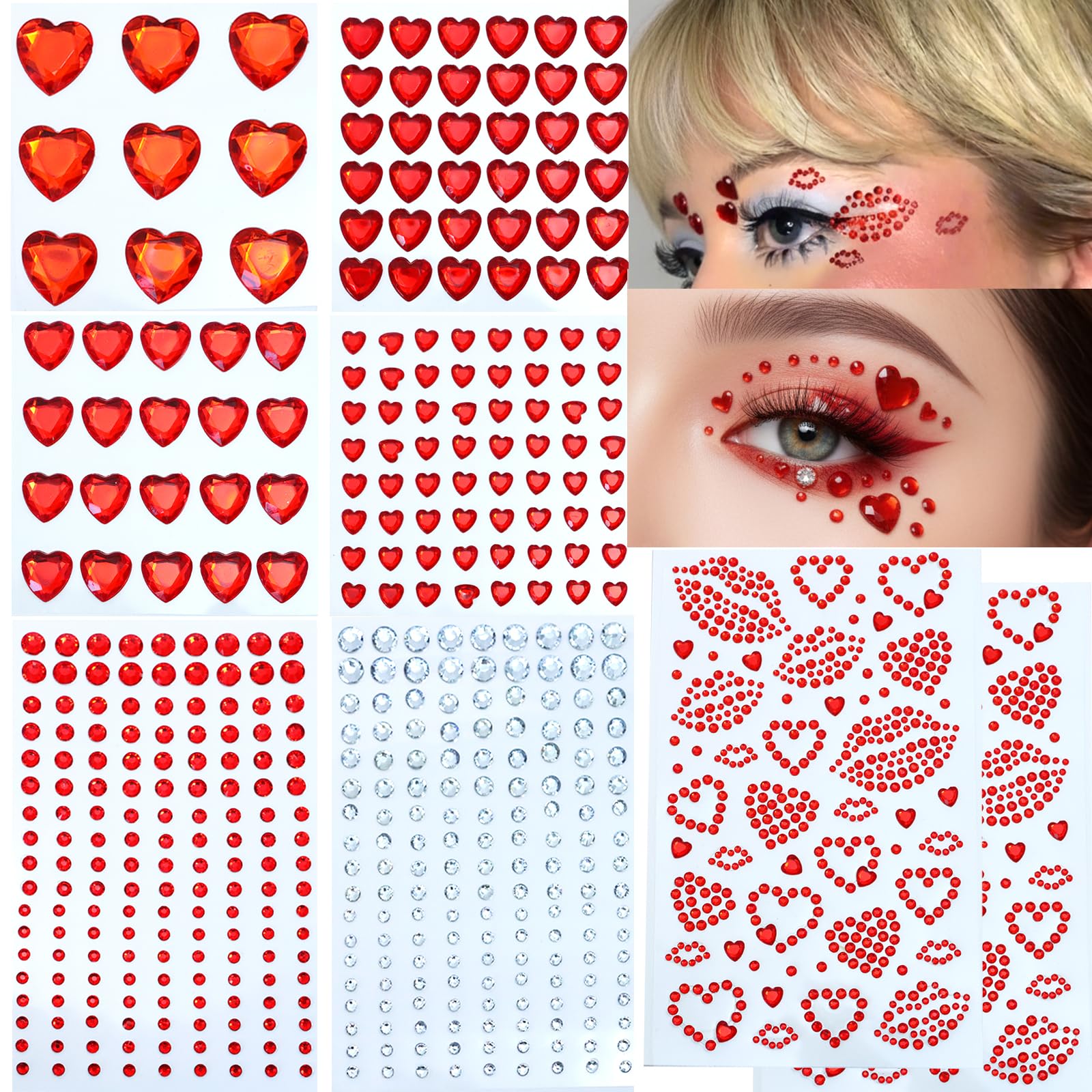 Red Heart Kiss Face Gems Self-Adhesive Rhinestone Red Lip Hair Gems Valentine's Day Face Jewels Stickers On for Rave Accessories Makeup Concerts