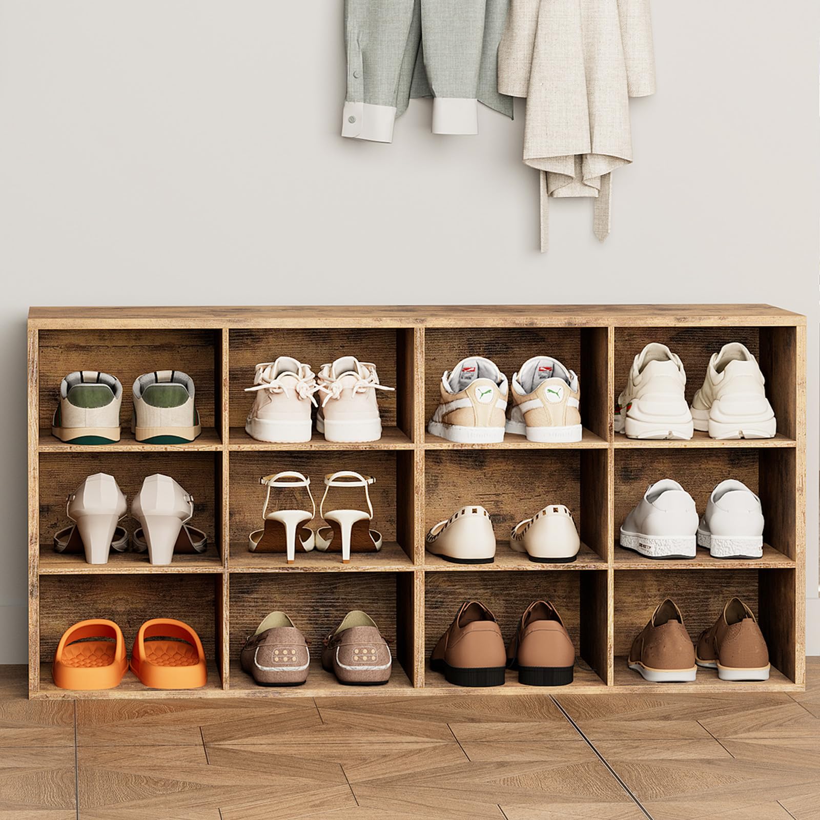Aenuert 12-Cubby Shoe Rack, 3-Tier Wood Shoe Organizer, Multifunctional Shoe Organizer Bench for Entryway, Mudroom, Hallway, Closet,36.22 * 11.81 *