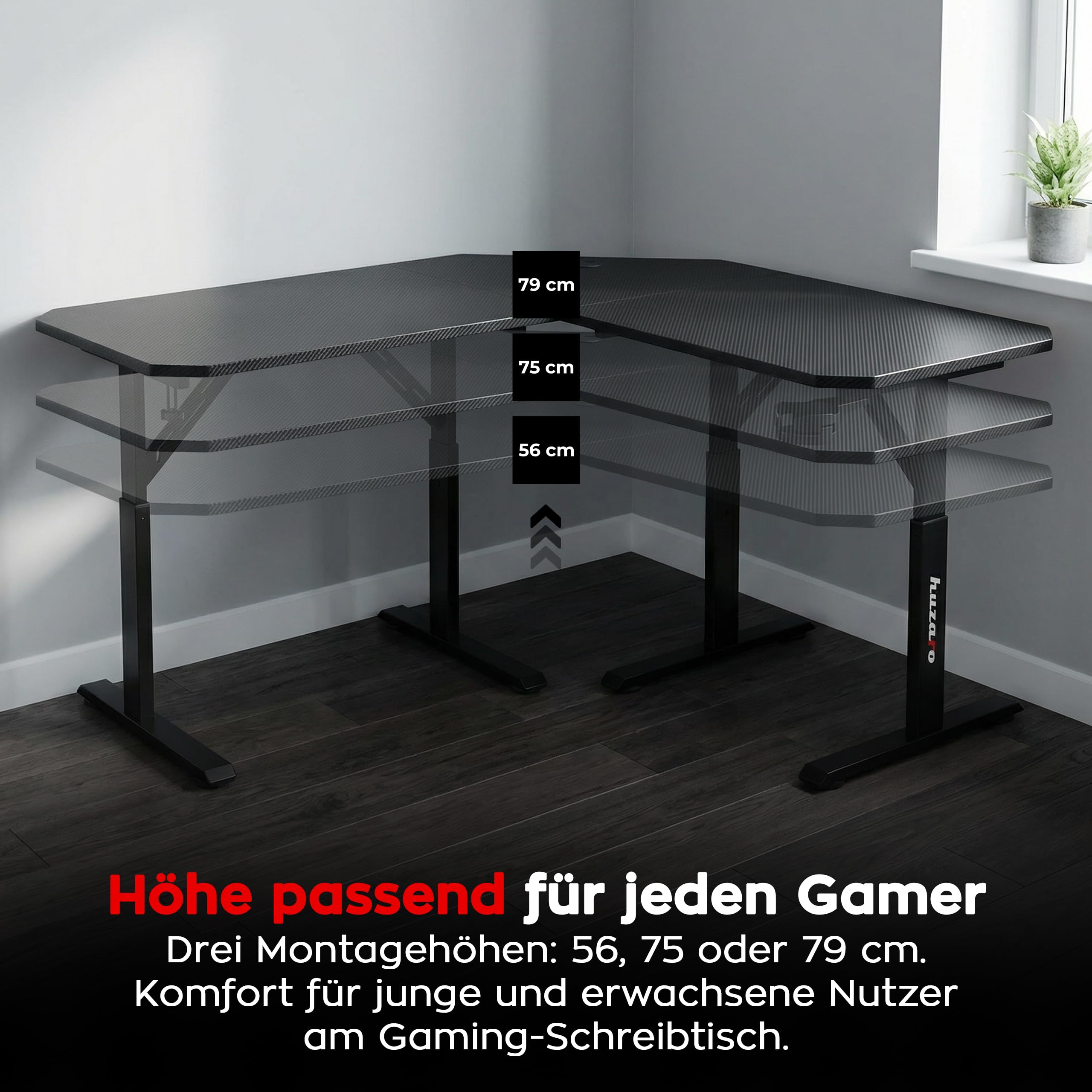 huzaro Hero 7.3 Eckschreibtisch 140x80 cm - Manuell höhenverstellbar | Platzsparendes Eckdesign für aufgeräumtes Setup - Robuste Oberfläche - Stabiler Gaming Tisch - Homeoffice und Lernen