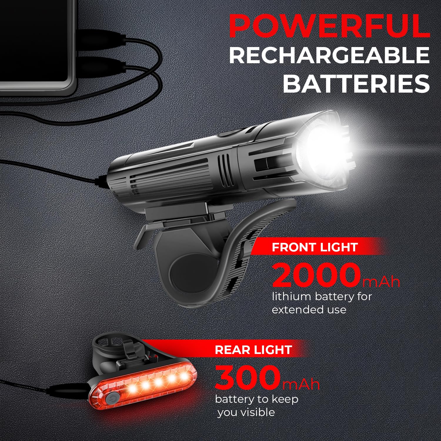Ensemble de phares de vélo pour conduite de nuit | Phare avant et arrière ultra lumineux rechargeables par USB | 4 modes d'éclairage | Accessoires de flash de vélo de montagne | Installation facile