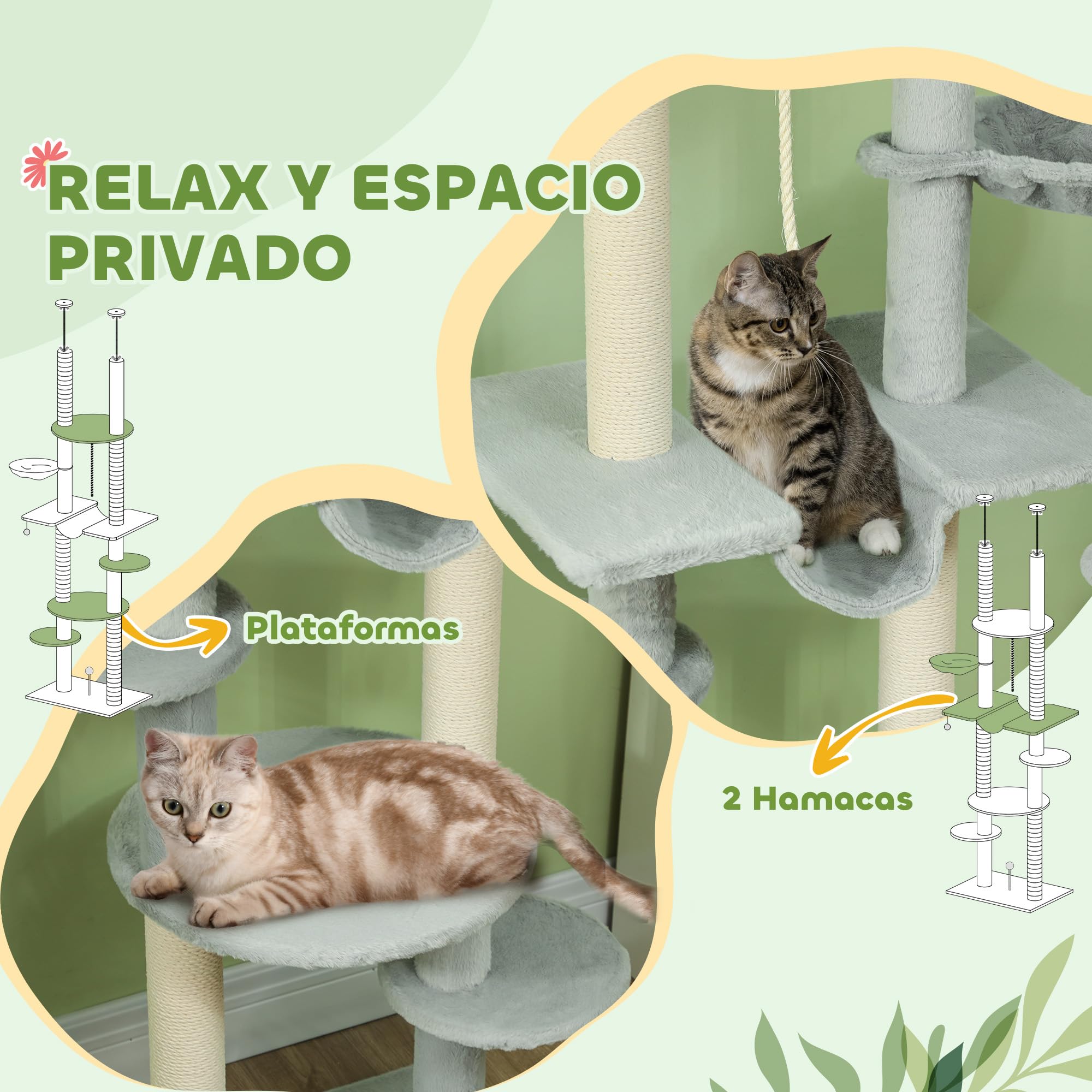 PawHut Árbol para Gatos de Suelo a Techo 225-255cm 7 Niveles Rascador Gris | Torre para Gatos, Hamacas, Plataformas, Juguete de Cuerda, Bola de Juguete